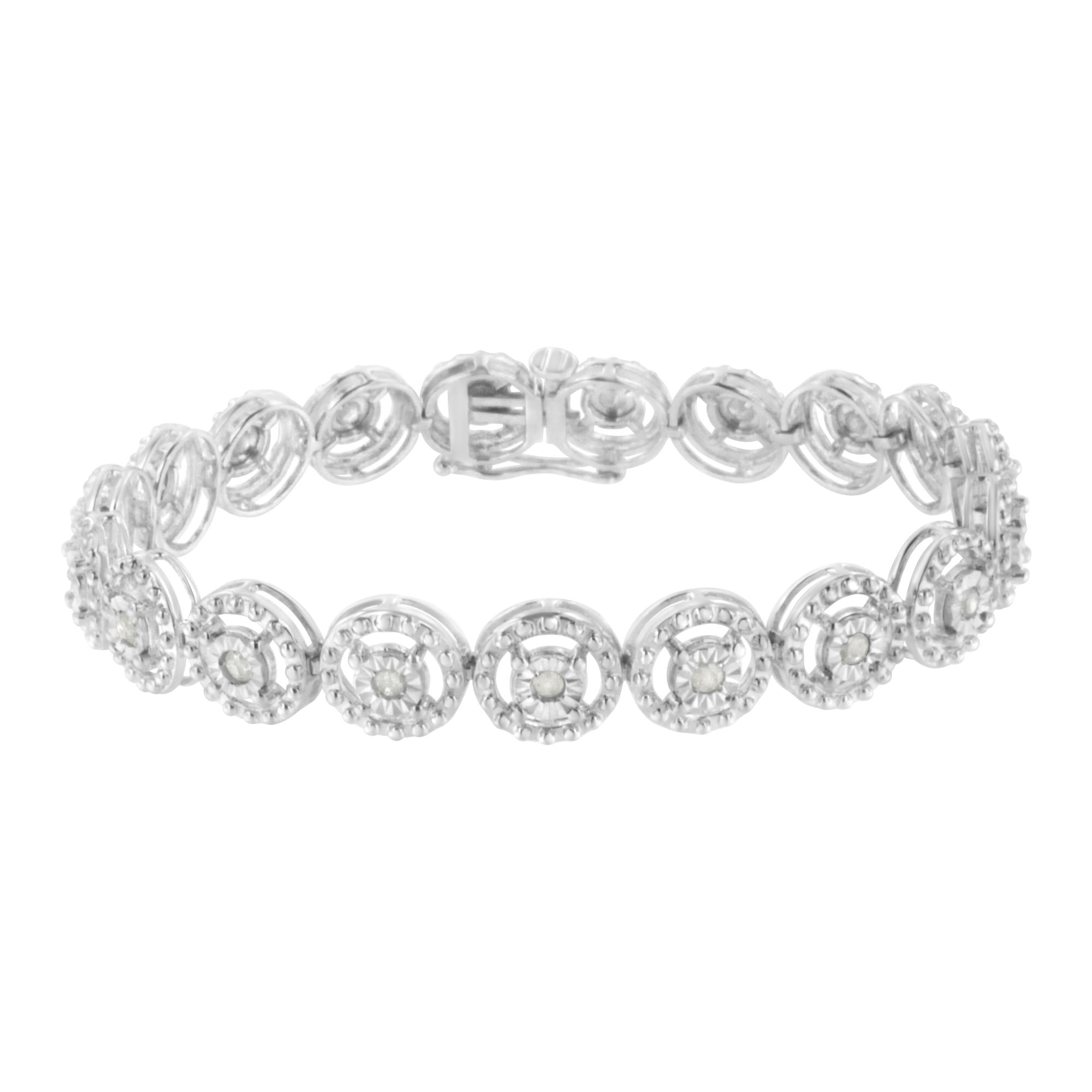 .925 Sterling Silver 1.0 Cttw Diamond Nested Circle Miracle Set Open Wheel 7" Fashion Link Bracelet (I-J Color, I3 Clarity) - Friggin Jewelry