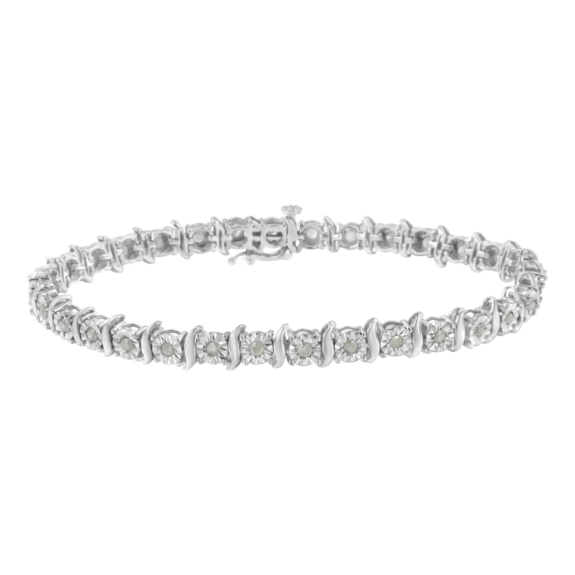 Pulsera de tenis de plata de ley 925 con diamantes de 1,0 ct y eslabones en forma de S engastados milagros (color IJ, claridad I3) - Friggin Jewelry