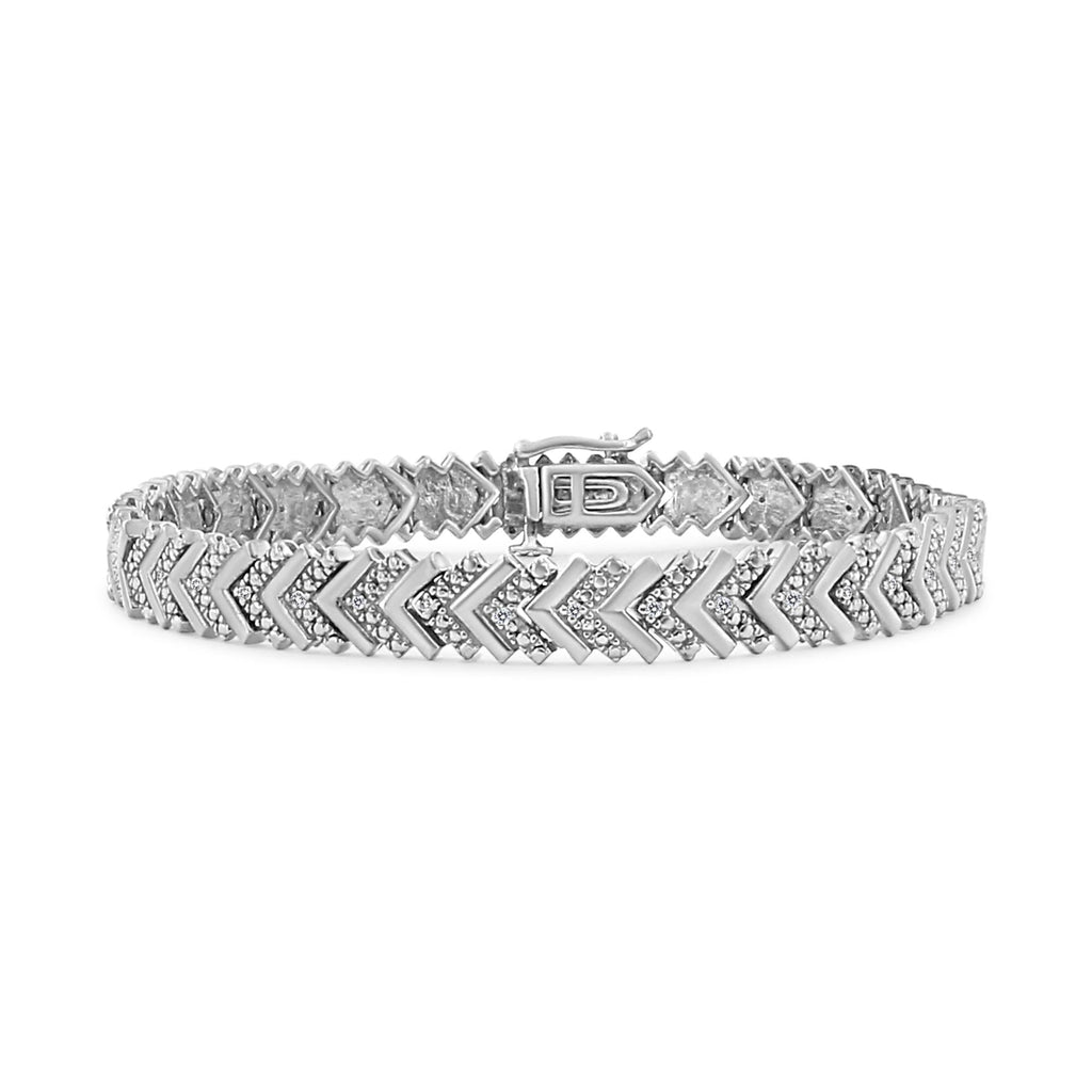 .925 Sterling Silver 1/6 Cttw Round-Cut Diamond Chevron Wave 7.25" Link Bracelet (I-J Color, I3 Clarity) - Friggin Jewelry
