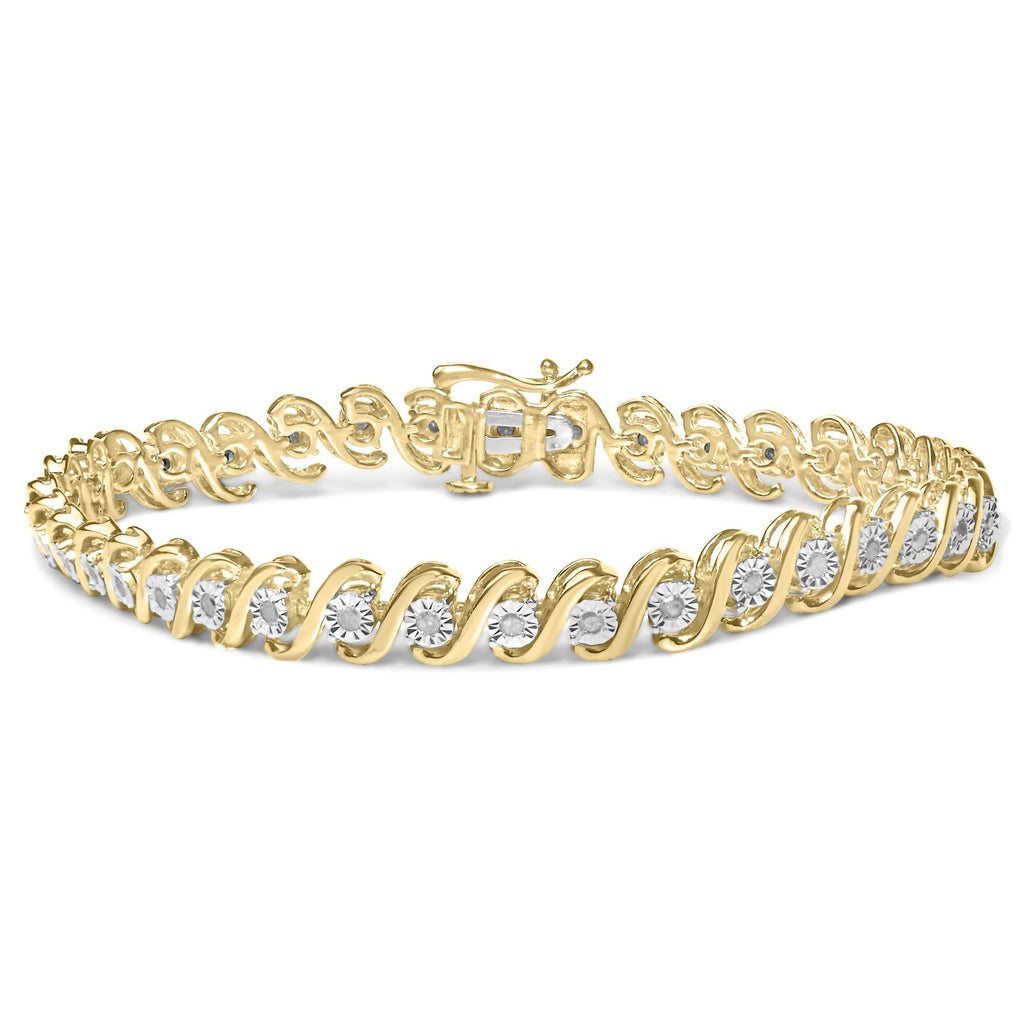 Pulsera de tenis de plata de ley 925 bañada en oro amarillo de 14 quilates con diamantes redondos engastados milagros de 1/2 quilates en forma de S (color IJ, claridad I3) - 18 cm - Friggin Jewelry