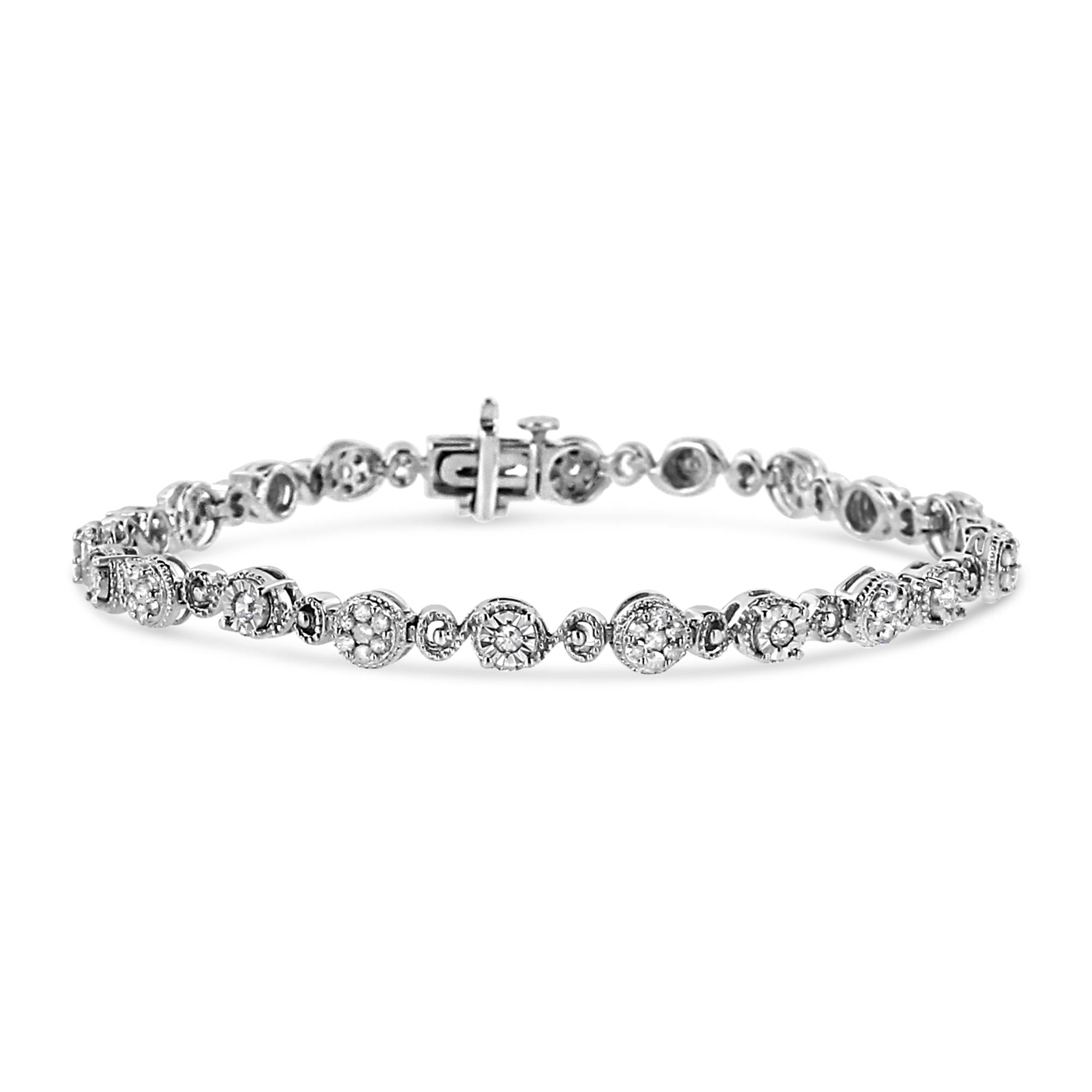 .925 Sterling Silver 1.0 Cttw Diamond Swirl Beaded Link Bracelet (I-J Color, I3-Promo Clarity) - 7.25" Inches - Friggin Jewelry