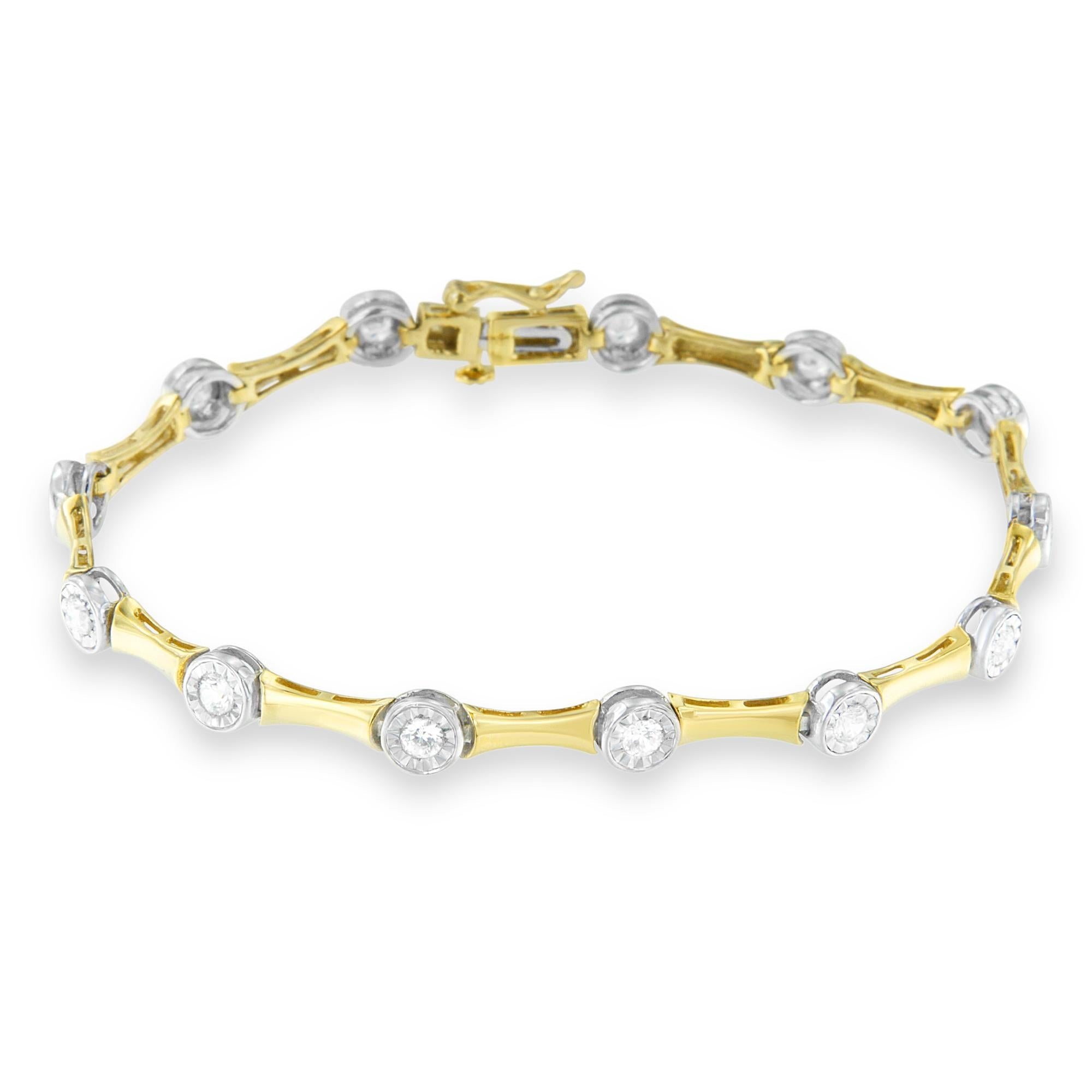 Bracciale a maglie in stile castone con diamanti taglio brillante da 1,0 ct incastonati in oro giallo 10 carati e argento sterling 925 (colore IJ, purezza I1-I2) - 7" - Friggin Jewelry