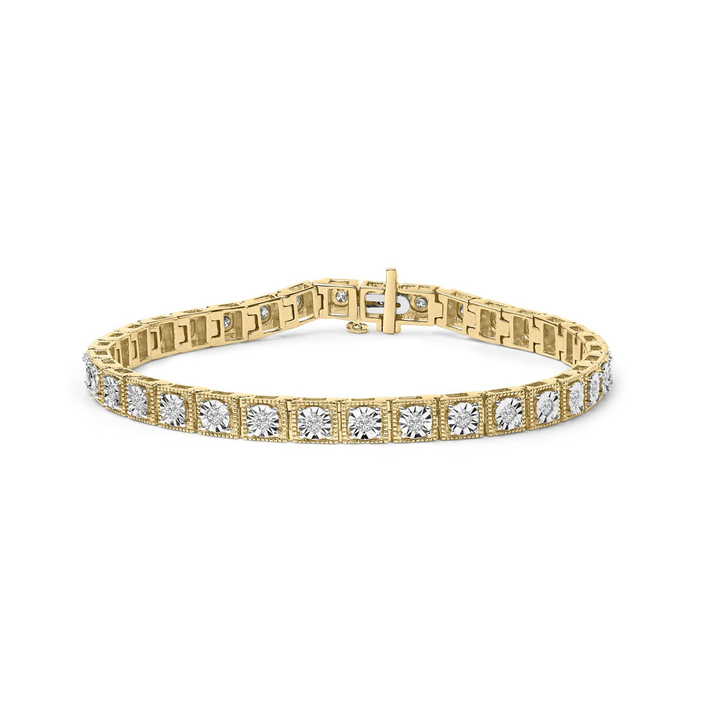 Pulsera de tenis de plata de ley 925 bañada en oro amarillo de 14 quilates con diamantes de 1,0 quilates y milgrain (color IJ, claridad I2-I3) - 18 cm - Friggin Jewelry