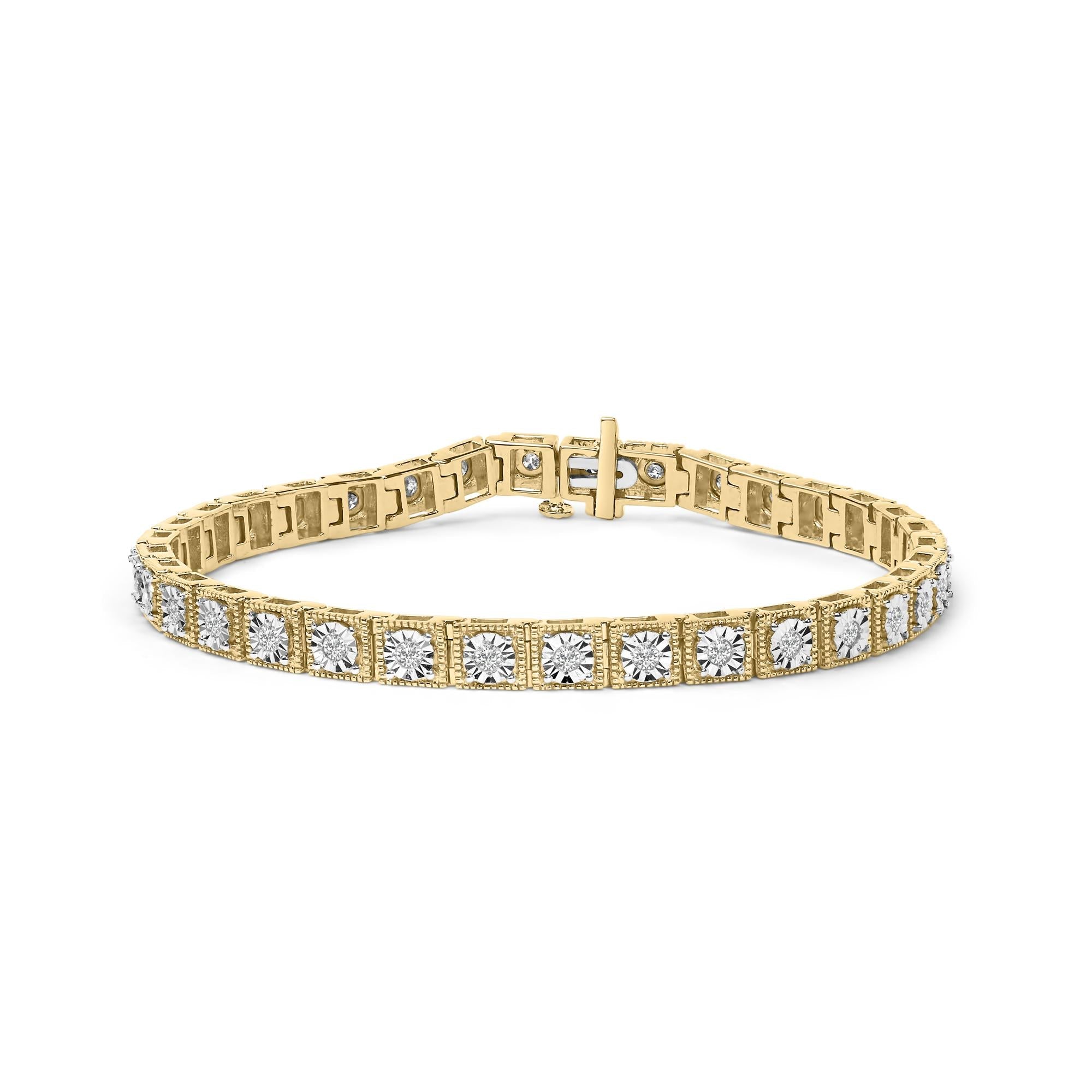 Pulsera de tenis de plata de ley 925 bañada en oro amarillo de 14 quilates con diamantes de 1,0 quilates y milgrain (color IJ, claridad I2-I3) - 18 cm - Friggin Jewelry