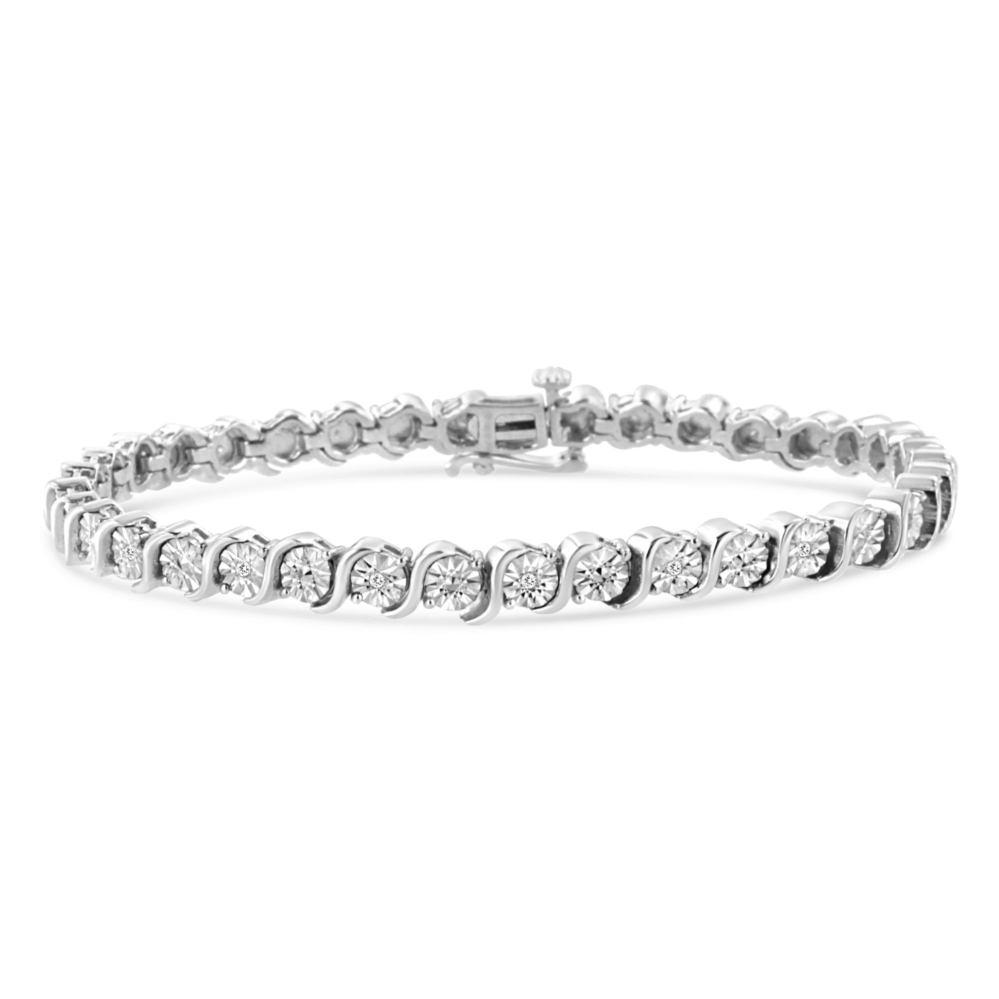 .925 Sterling Silver 1/10 Cttw Diamond Round Miracle Plate and "S" Link Tennis Bracelet (I-J Color, I2- I3 Clarity) - 7" - Friggin Jewelry