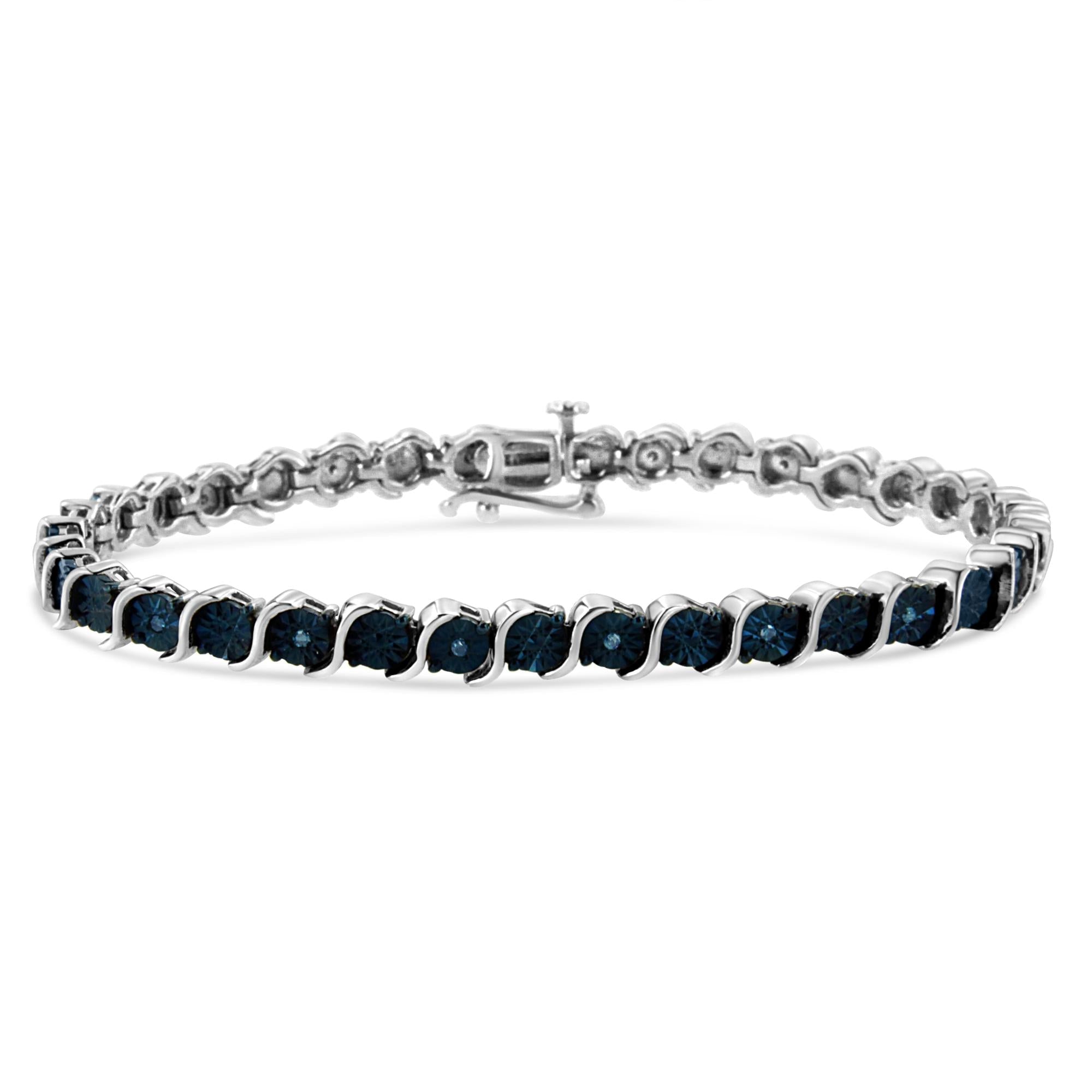 .925 Sterling Silver 1/10 Cttw Miracle-Set Treated Blue Color Diamond Miracle Plate "S" Link Tennis Bracelet (Blue Color, I2- I3 Clarity) - 7.25" - Friggin Jewelry