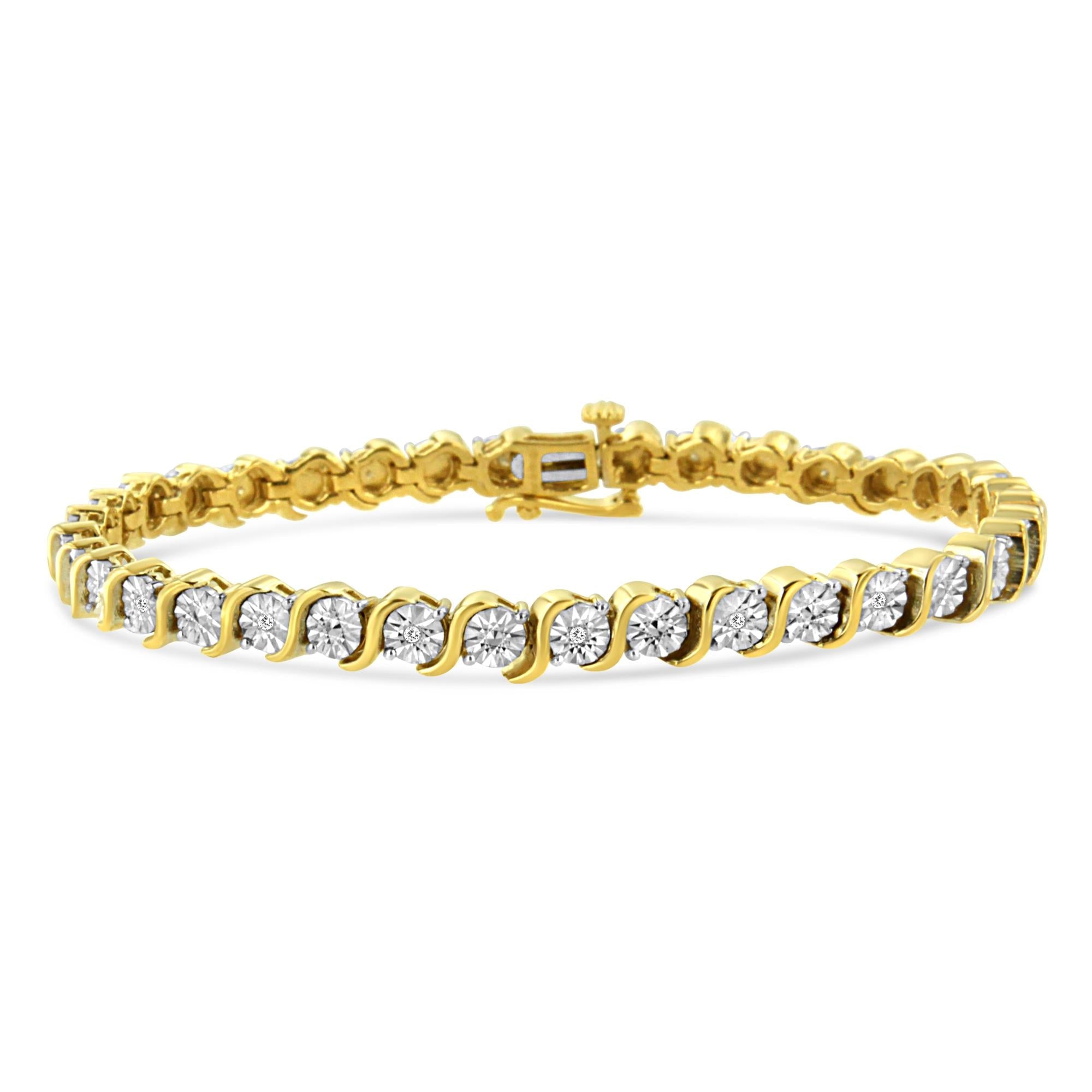 .925 Sterling Silver 1/10 Cttw Diamond Round Miracle Plate and "S" Link Tennis Bracelet (I-J Color, I2- I3 Clarity) - 7" - Friggin Jewelry