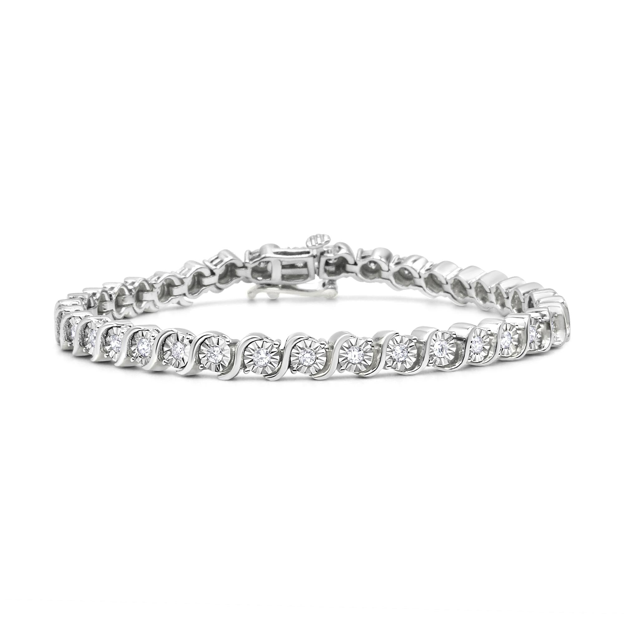 .925 Sterling Silver 1/4 Cttw Diamond Round Miracle Plate and "S" Link Tennis Bracelet (I-J Color, I2- I3 Clarity) - 7" - Friggin Jewelry