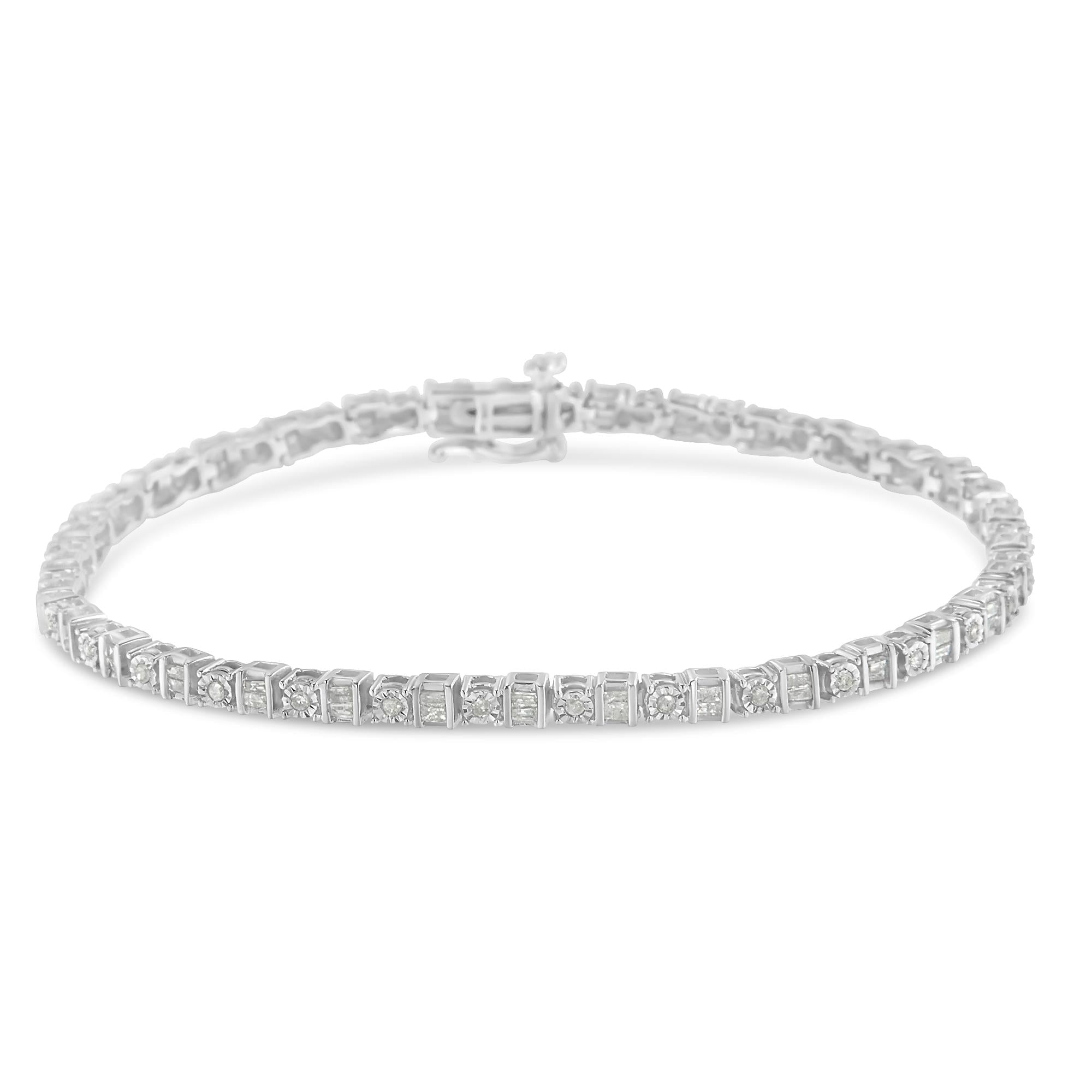 Pulsera de tenis de 18 cm con diamantes de talla baguette y redondos de 1,0 ct en plata de ley 925 (color IJ, claridad I3) - Friggin Jewelry