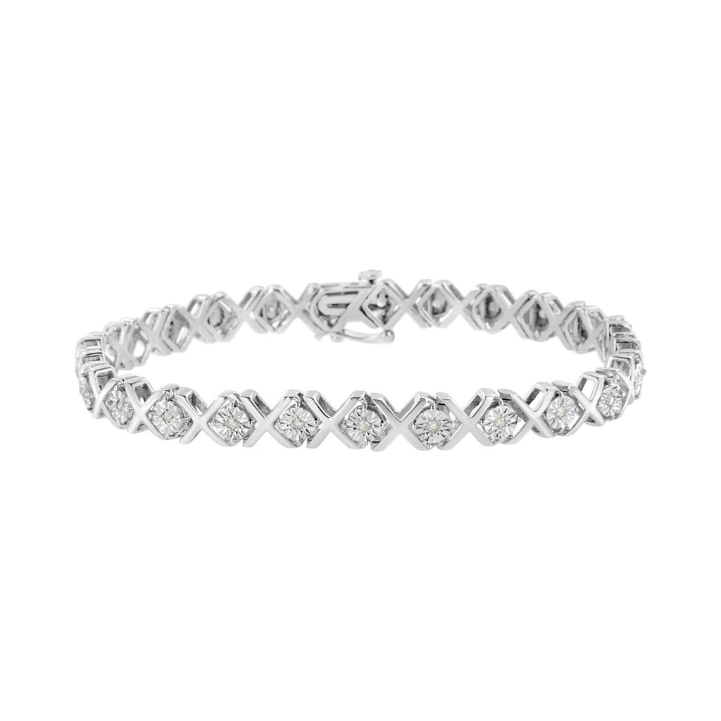 .925 Sterling Silver 1/4 Cttw Miracle-Set Round Cut Diamond "X" Link Bracelet (I-J Color, I3 Clarity) - Size 7.25" - Friggin Jewelry