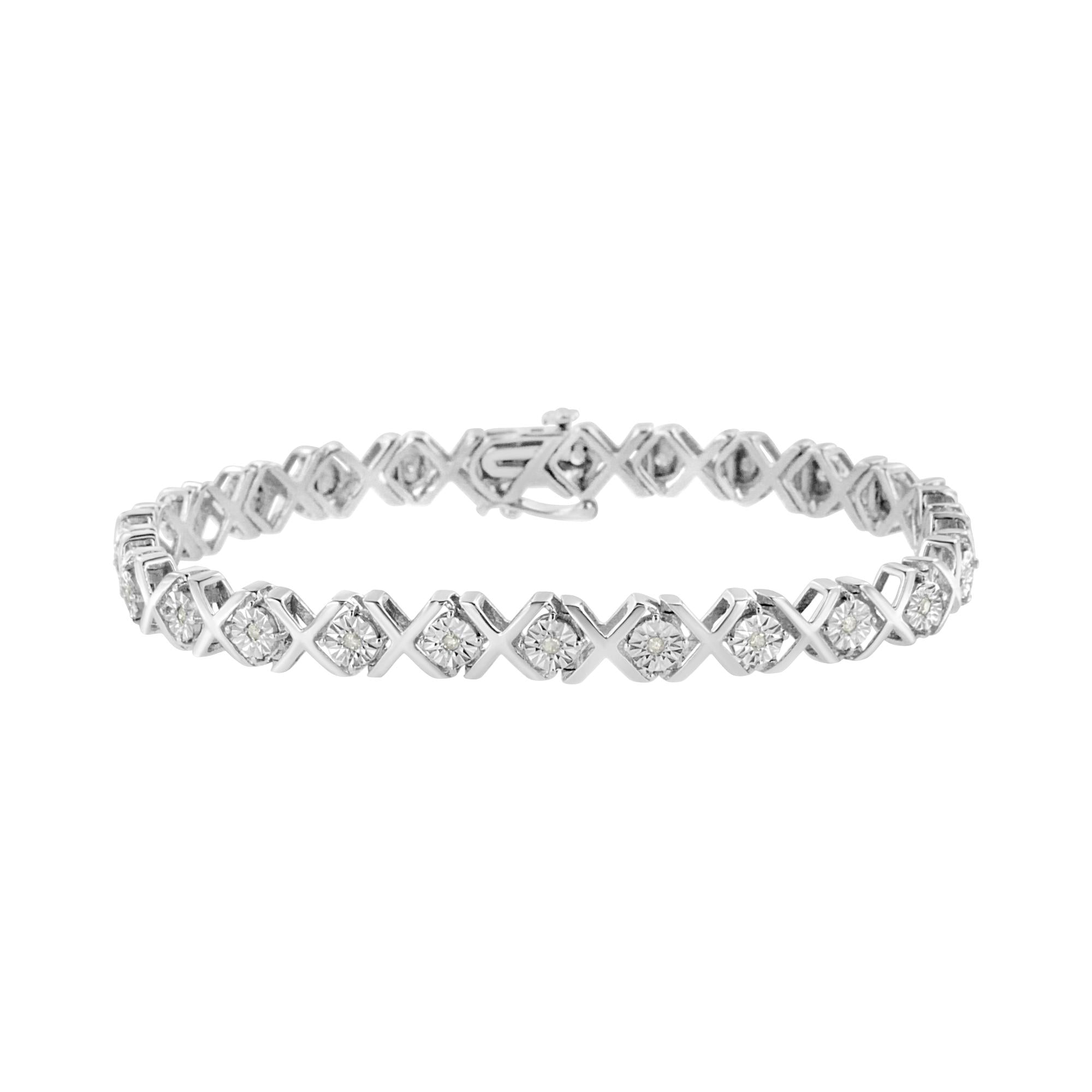 .925 Sterling Silver 1/4 Cttw Miracle-Set Round Cut Diamond "X" Link Bracelet (I-J Color, I3 Clarity) - Size 7.25" - Friggin Jewelry