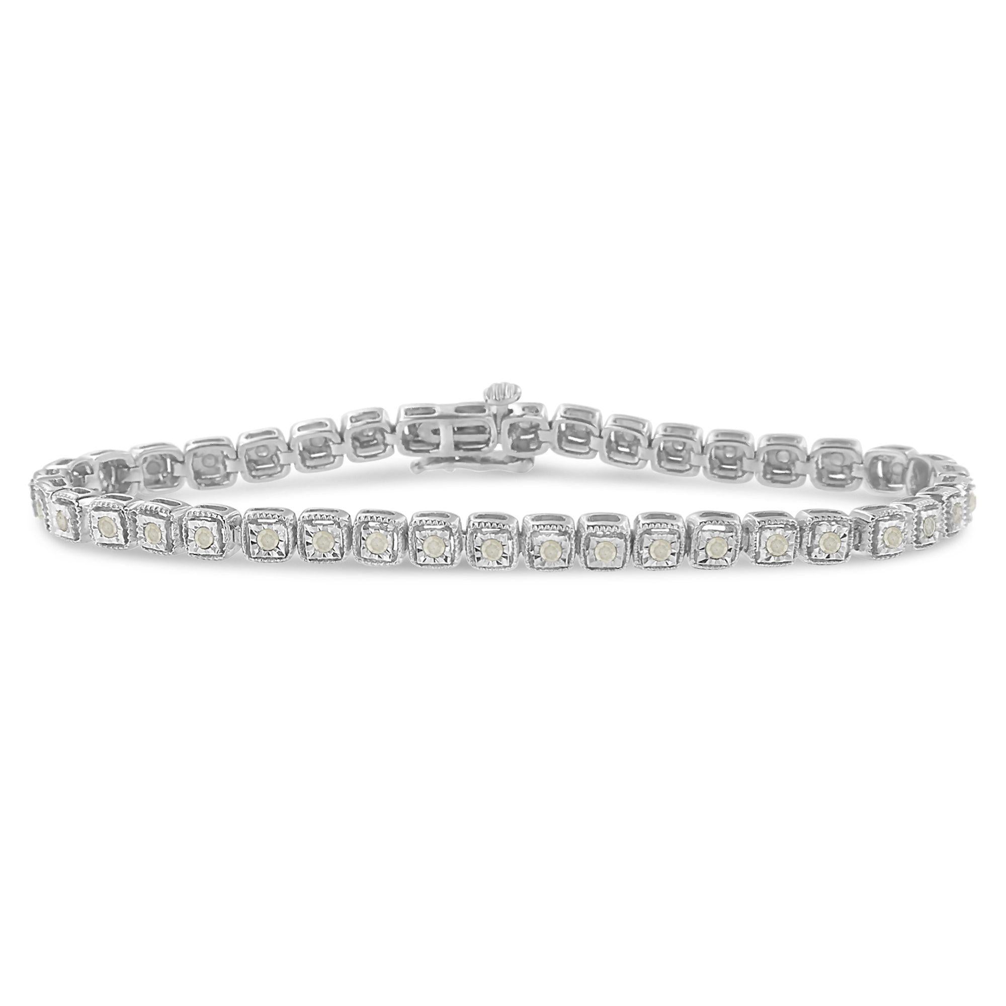 .925 Sterling Silver 1.0 Cttw Diamond Miracle-Set Square Milgrain 7" Link Tennis Bracelet (I-J Color, I3 Clarity) - Friggin Jewelry