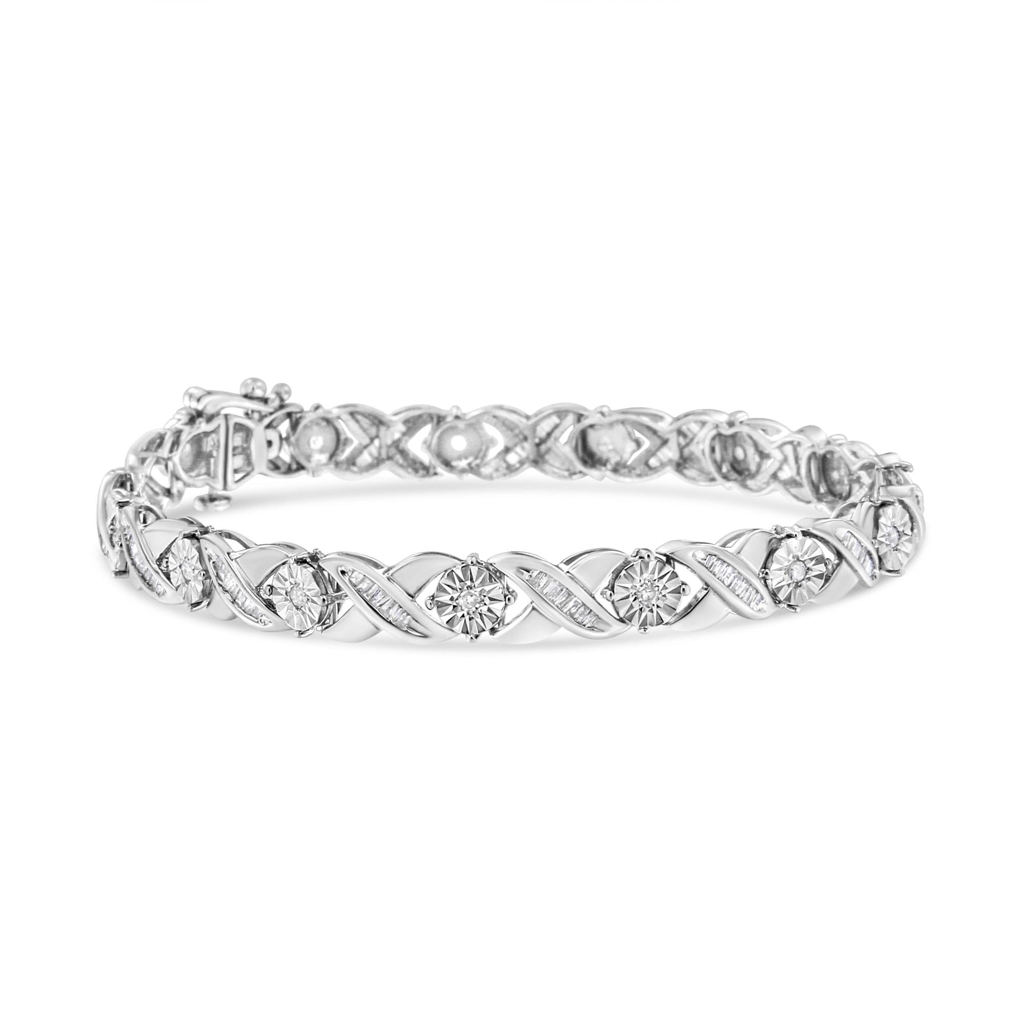 .925 Sterling Silver 1.0 Cttw Round-Brilliant and Baguette Cut Diamond Miracle-Set X-Link 7" Tennis Bracelet (I-J Color, I2-I3 Clarity) - Friggin Jewelry