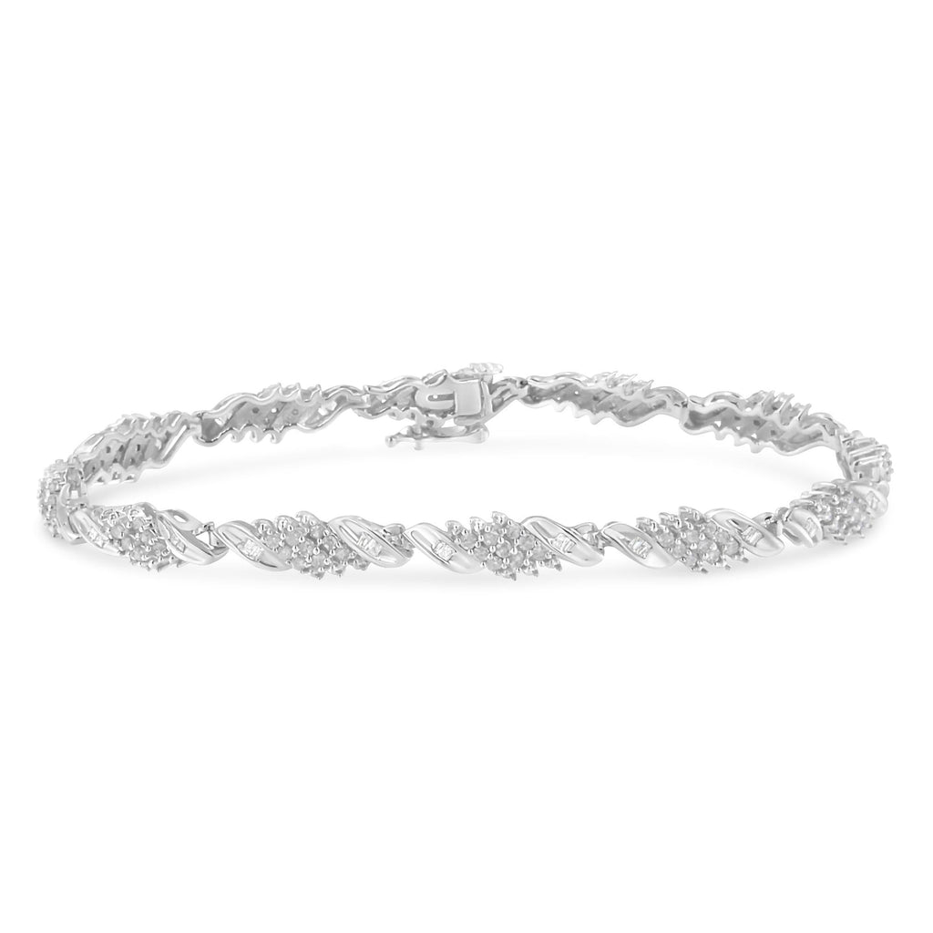 .925 Sterling Silver 1-1/2 Cttw Round and Baguette Cut Diamond Wave Link Bracelet (I-J Color, I2-I3 Clarity) - 7" - Friggin Jewelry