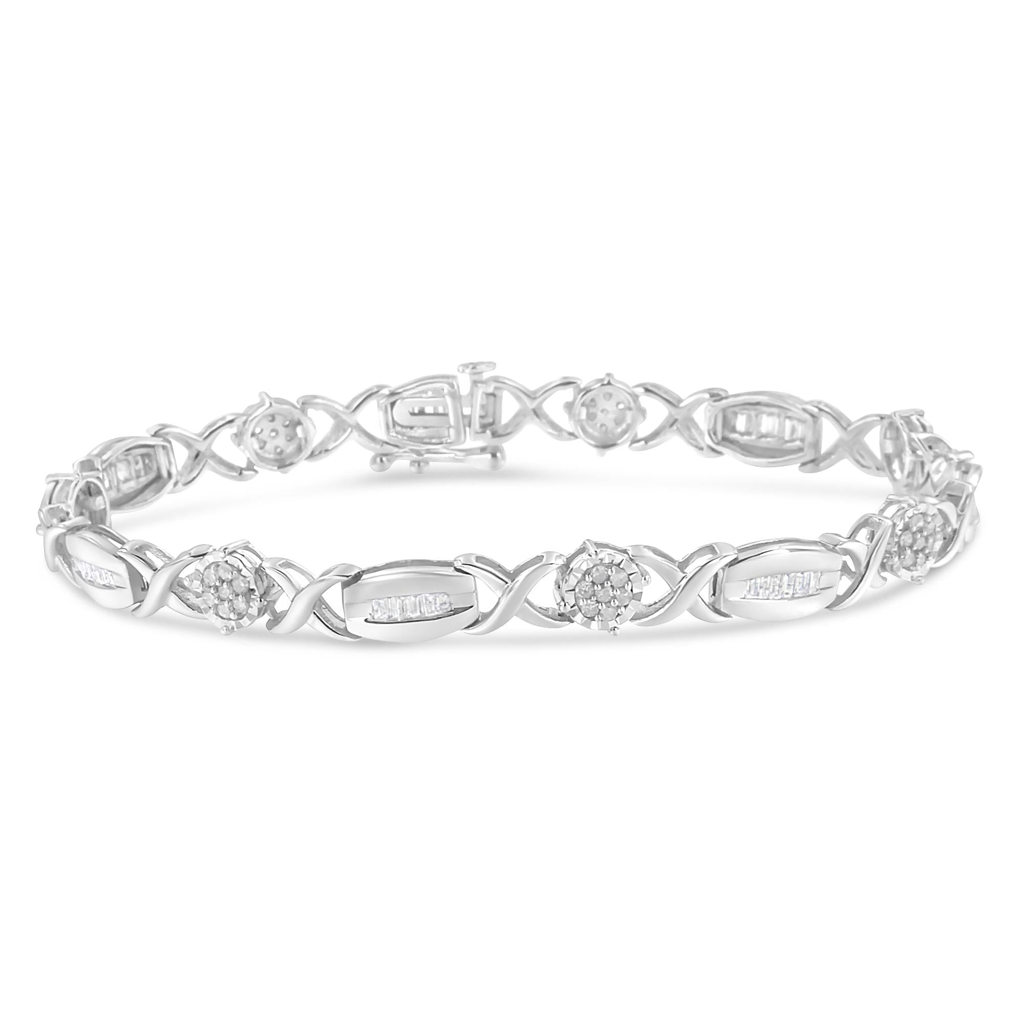 Pulsera de eslabones en X de diamantes de talla redonda y baguette de 1,0 quilates en plata de ley 925 (color IJ, claridad I1-I2) - 18,8 cm - Friggin Jewelry