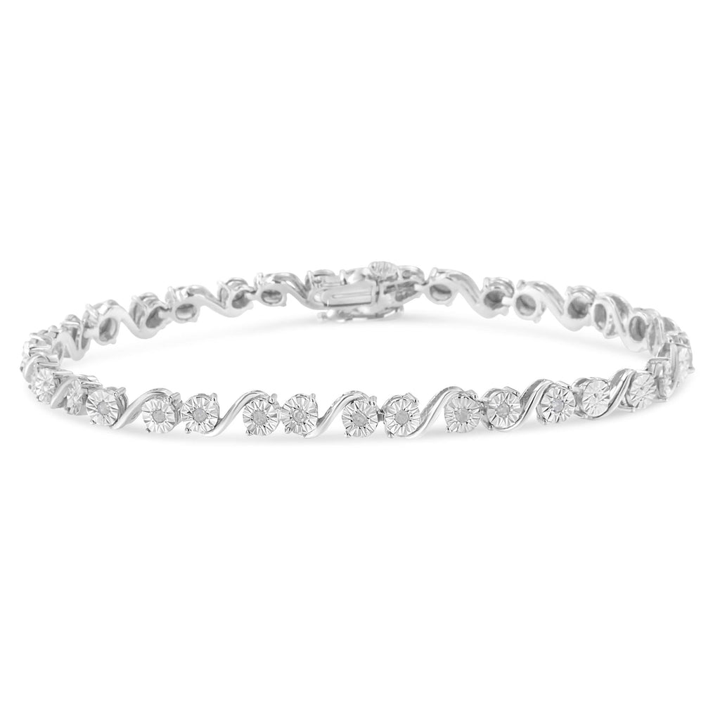 Pulsera de tenis con placa milagrosa de eslabones "S" de diamantes redondos de 1/10 quilates en plata de ley 925 (color IJ, claridad I3) - 18 cm - Friggin Jewelry