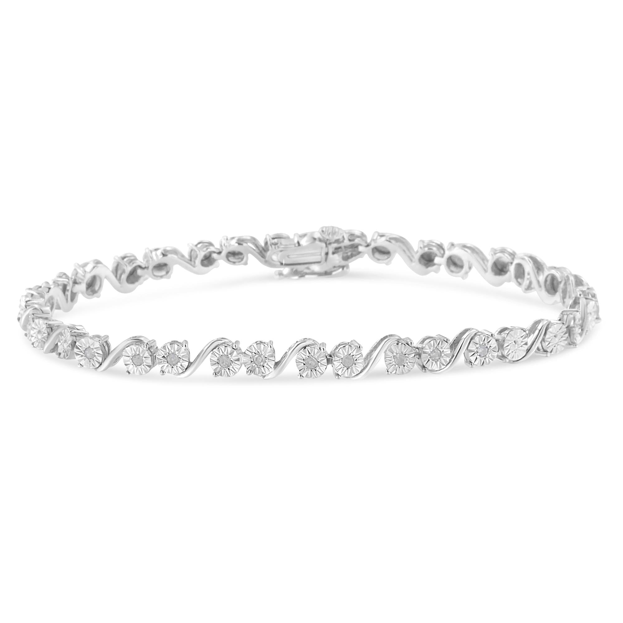 Pulsera de tenis con placa milagrosa de eslabones "S" de diamantes redondos de 1/10 quilates en plata de ley 925 (color IJ, claridad I3) - 18 cm - Friggin Jewelry