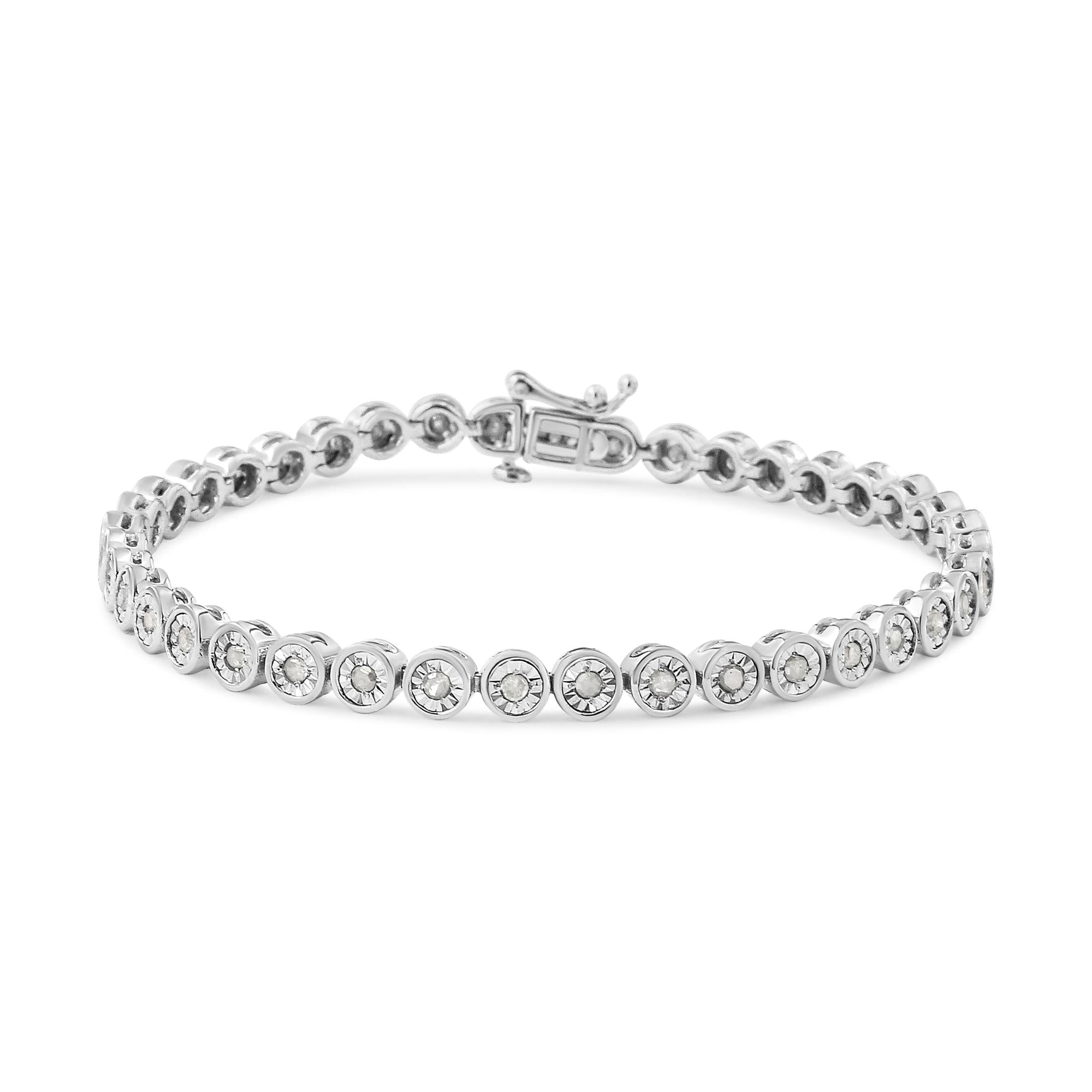 .925 Sterling Silver 1.0 Cttw Miracle Plate Set Diamond Bezel Link Design Tennis Bracelet (I-J Color, I3 Clarity) - Friggin Jewelry