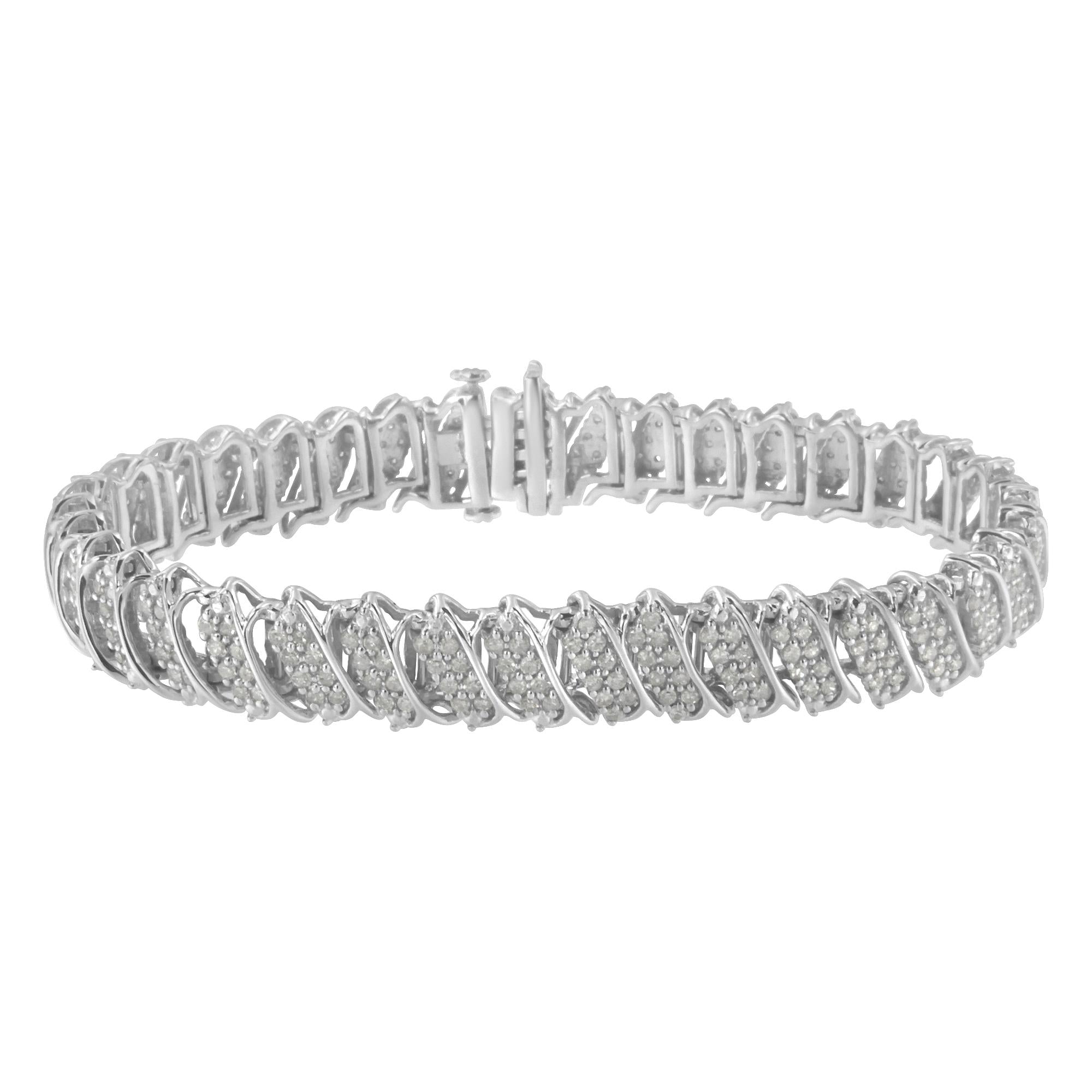 .925 Sterling Silver 3.0 Cttw Diamond Multi Row Cluster Slanted Wave Link 7-¼” Tennis Bracelet (I-J Color, I2-I3 Clarity) - Friggin Jewelry