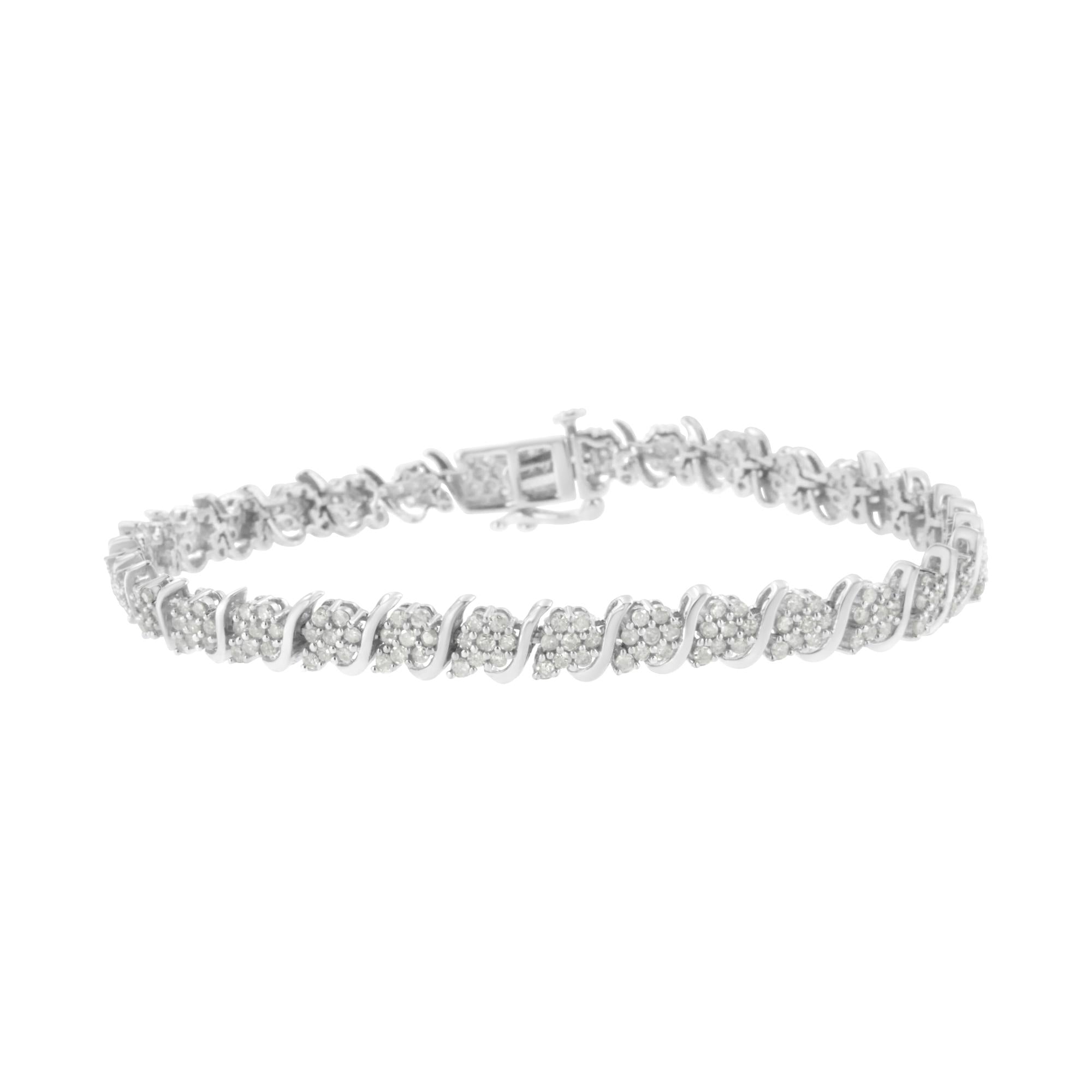 Pulsera de eslabones florales con diamantes en plata de ley 925 (2 3/4 cts, color IJ, claridad I3) - Talla 7,25" - Friggin Jewelry