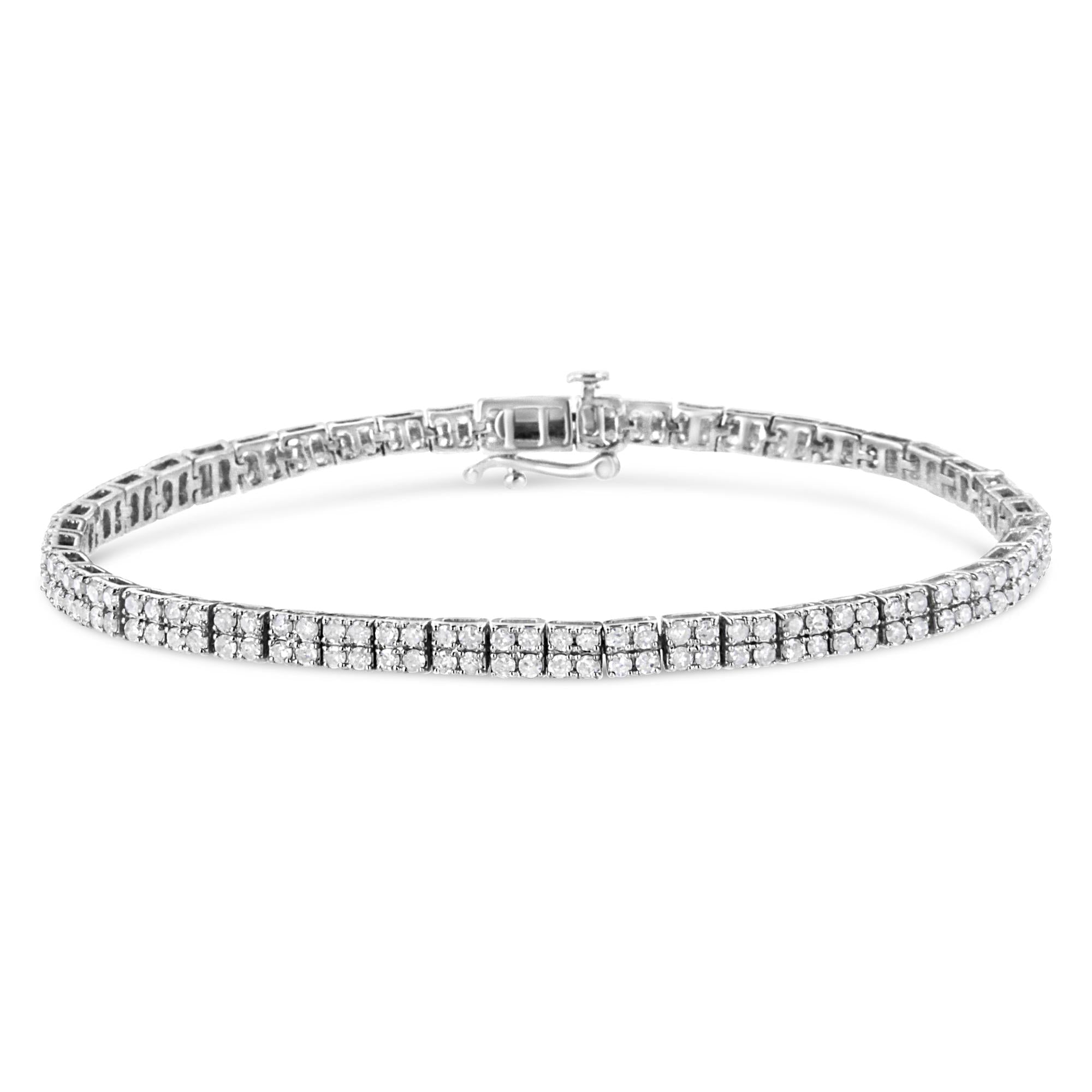 Bracciale tennis in argento sterling 925 con diamanti rotondi incastonati a griffe da 3,0 carati, a 2 file (colore IJ, purezza I3) - 7,25" - Friggin Jewelry