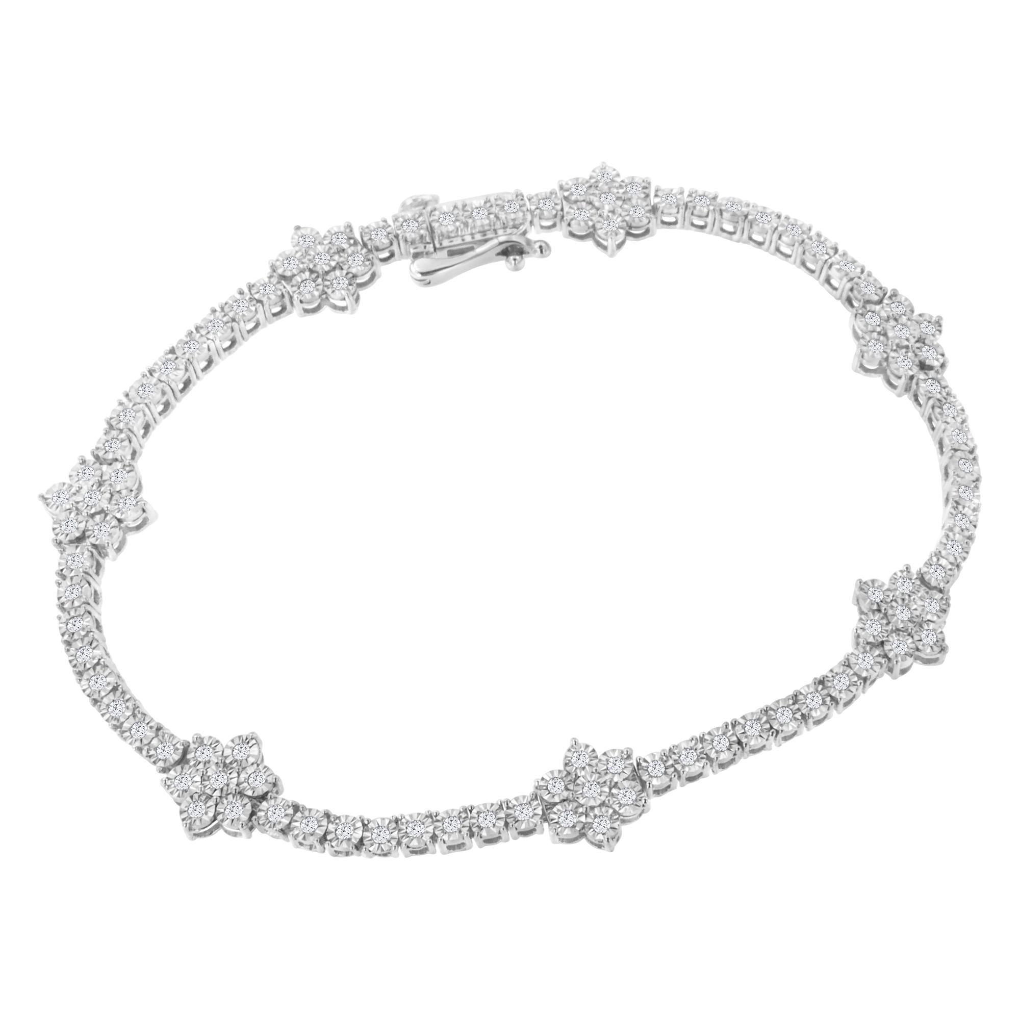 .925 Sterling Silver 1.0 cttw Miracle-Set Diamond Floral Station Tennis Bracelet (I-J Color, I3 Clarity) - 7-1/2" - Friggin Jewelry