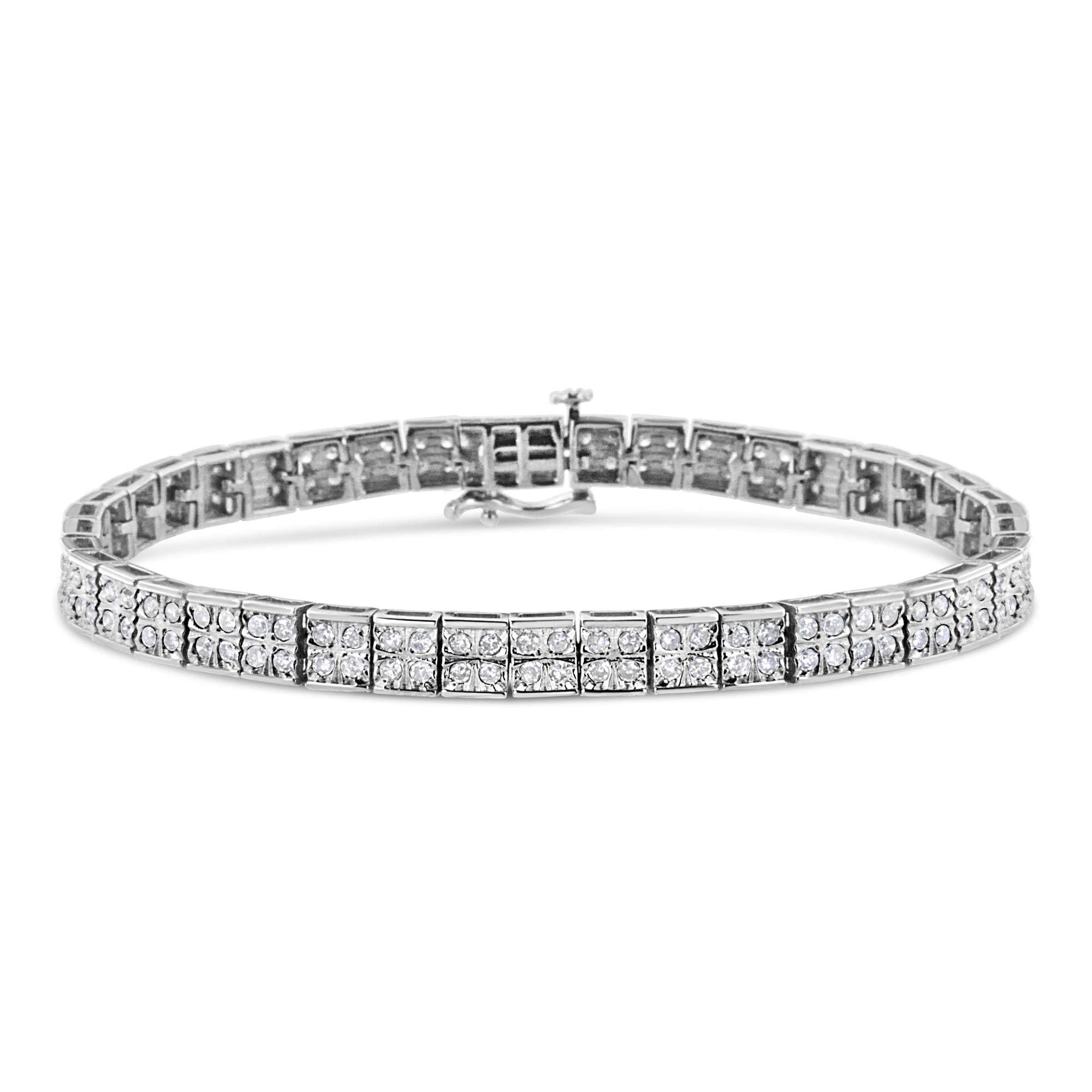 .925 Sterling Silver 2 Cttw Prong Set Round-Cut Diamond 4 Stone Box Link Bracelet (I-J Color, I3 Clarity) - 7.25" - Friggin Jewelry