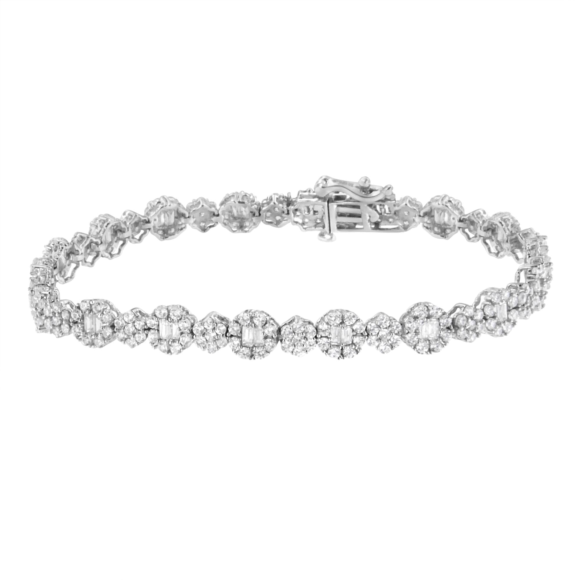 10K White Gold 4.0 cttw Brilliant Round-cut and Baguette Diamond Floral Cluster Link Bracelet (I-J Clarity, I1-I2 Color) - Size 7" - Friggin Jewelry
