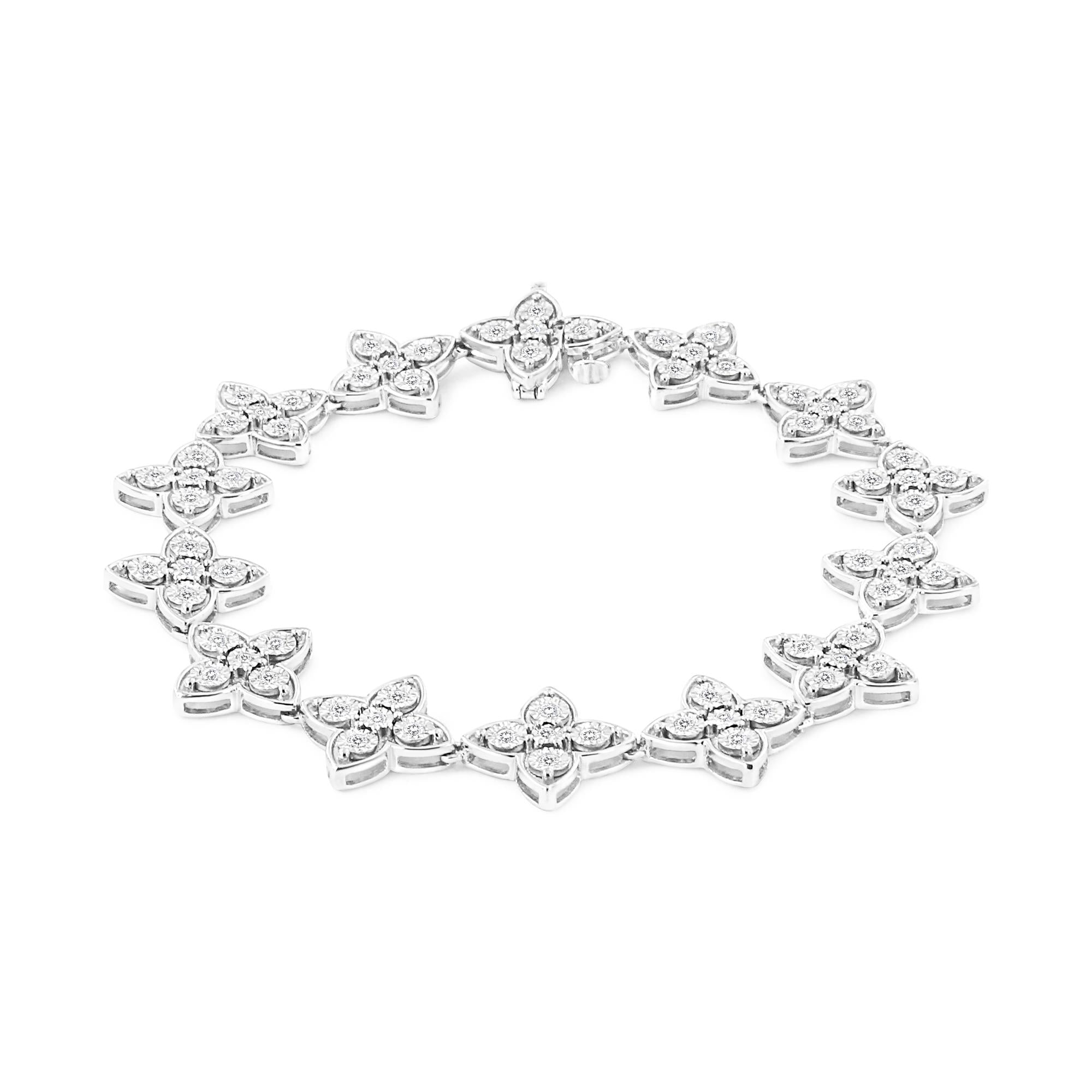 .925 Sterling Silver 1 cttw Miracle-Set Diamond 4 Leaf Clover Link Bracelet (I-J Clarity, I3 Color) - Size 7.25" - Friggin Jewelry