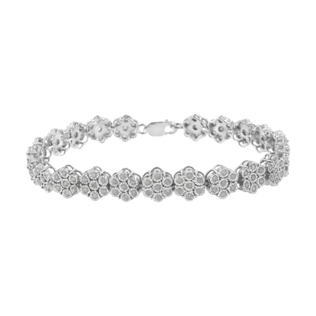 .925 Sterling Silver 2.0 cttw Diamond 7 Stone Floral Cluster Link Bracelet (I-J Color, I3 Clarity) -7.25" - Friggin Jewelry