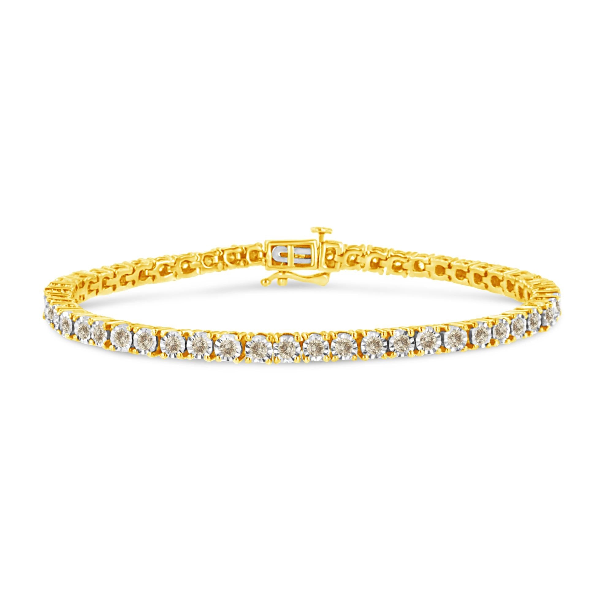 Pulsera de tenis de plata de ley 925 bañada en oro amarillo de 14 quilates con diamantes engastados milagros de 3,0 quilates (color LM, claridad I2-I3) - 18,3 cm - Friggin Jewelry