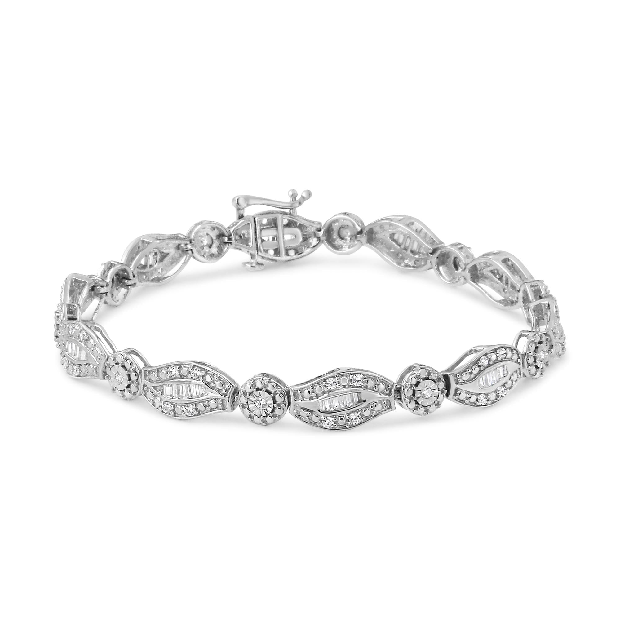 .925 Sterling Silver 1 cttw Diamond Double Leaf and Bezel Link Bracelet (I-J Clarity, I2-I3 Color) - Size 7.25" - Friggin Jewelry