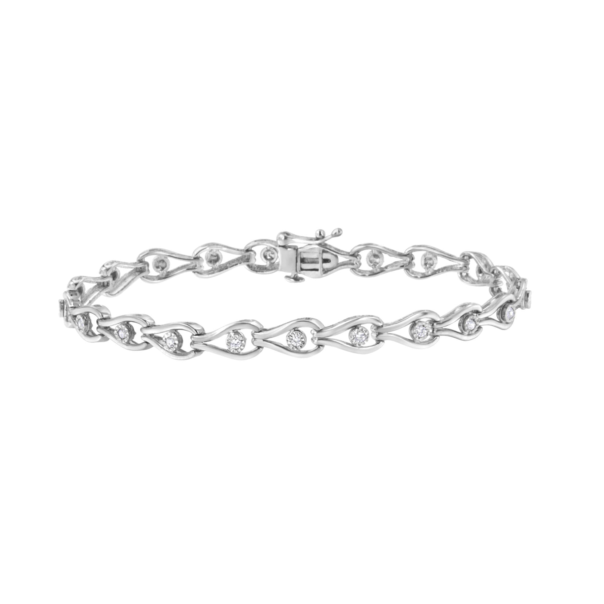 Pulsera de plata de ley 925 con diamantes de 1/10 quilates engastados milagros en forma de pera y eslabones en bisel (color IJ, claridad I3) - 18,3 cm - Friggin Jewelry