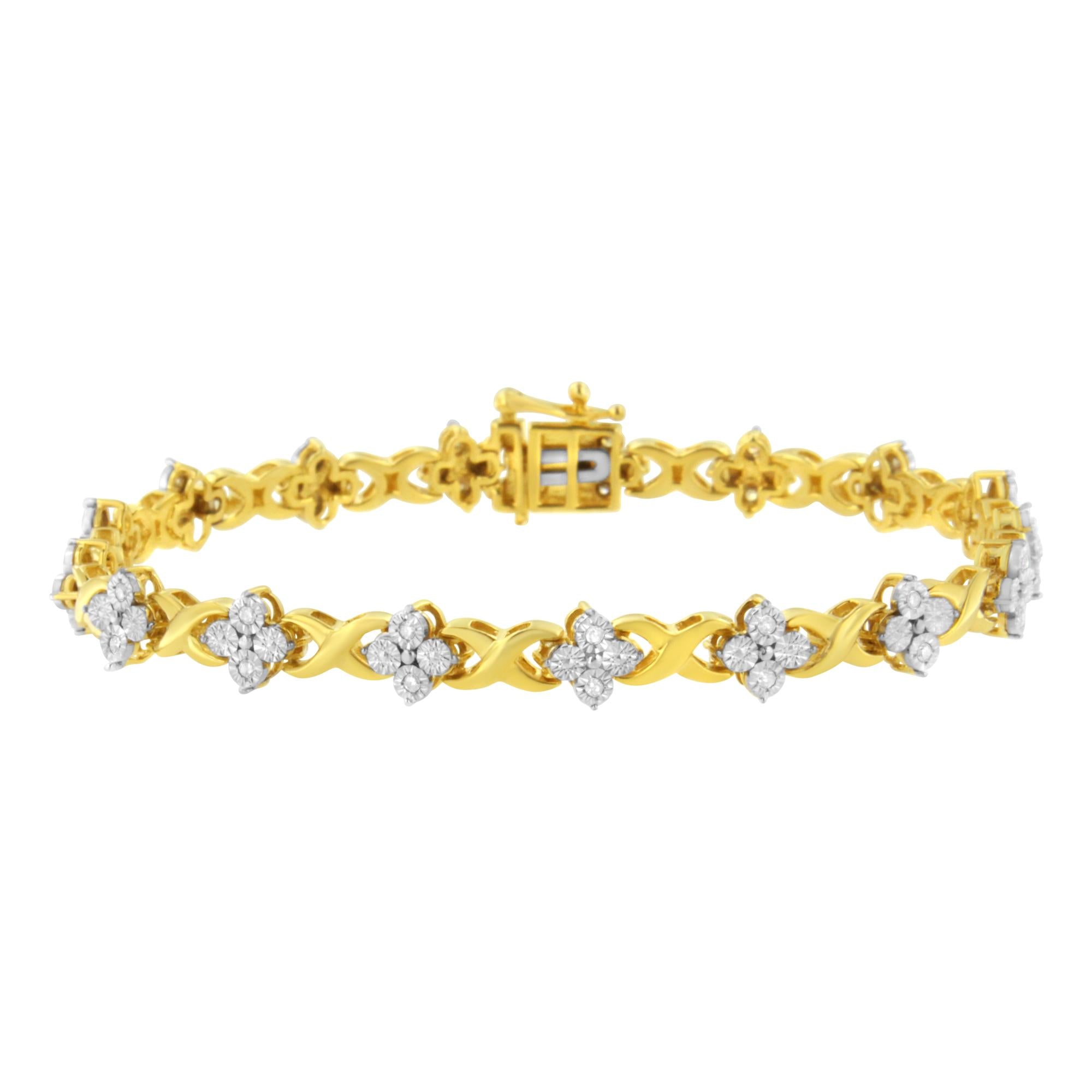 Pulsera de tenis con eslabones de trébol de cuatro hojas y diamantes de 1/4 ct en plata de ley chapada en oro amarillo de 10 quilates (color IJ, claridad I2-I3) - Talla 7,25" - Friggin Jewelry
