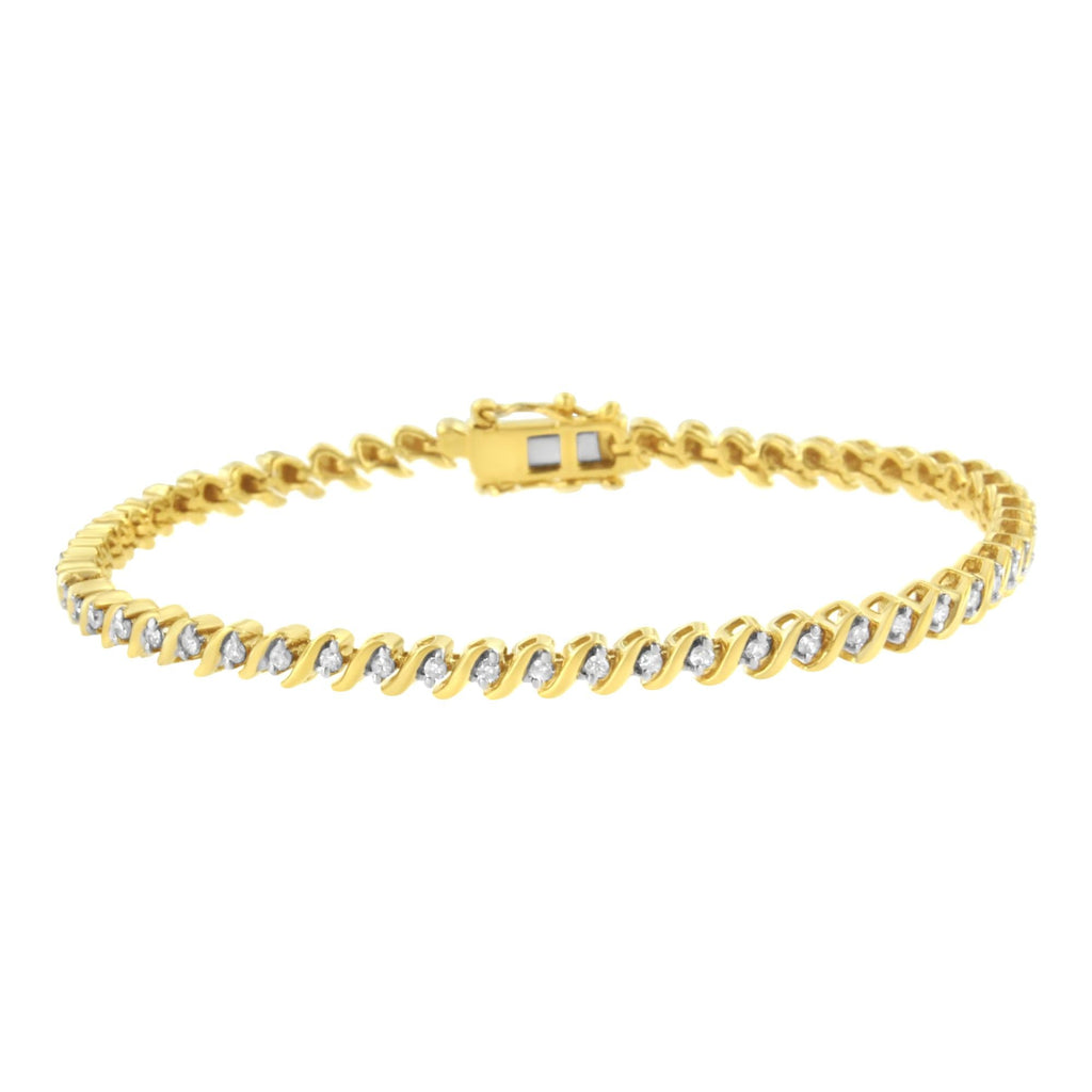 Bracciale tennis a maglie a S con diamanti incastonati a 2 griffe da 1/2 ct in argento sterling 925 placcato oro giallo 10K (colore IJ, purezza I3) - 7,25" - Friggin Jewelry