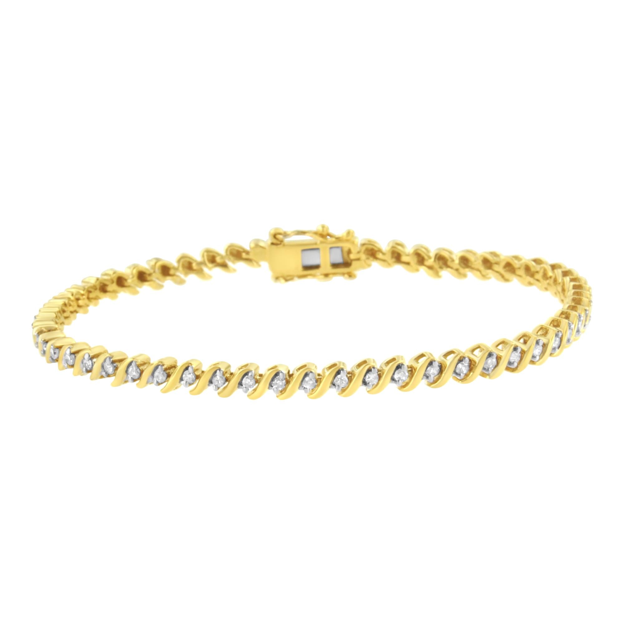 Bracciale tennis a maglie a S con diamanti incastonati a 2 griffe da 1/2 ct in argento sterling 925 placcato oro giallo 10K (colore IJ, purezza I3) - 7,25" - Friggin Jewelry