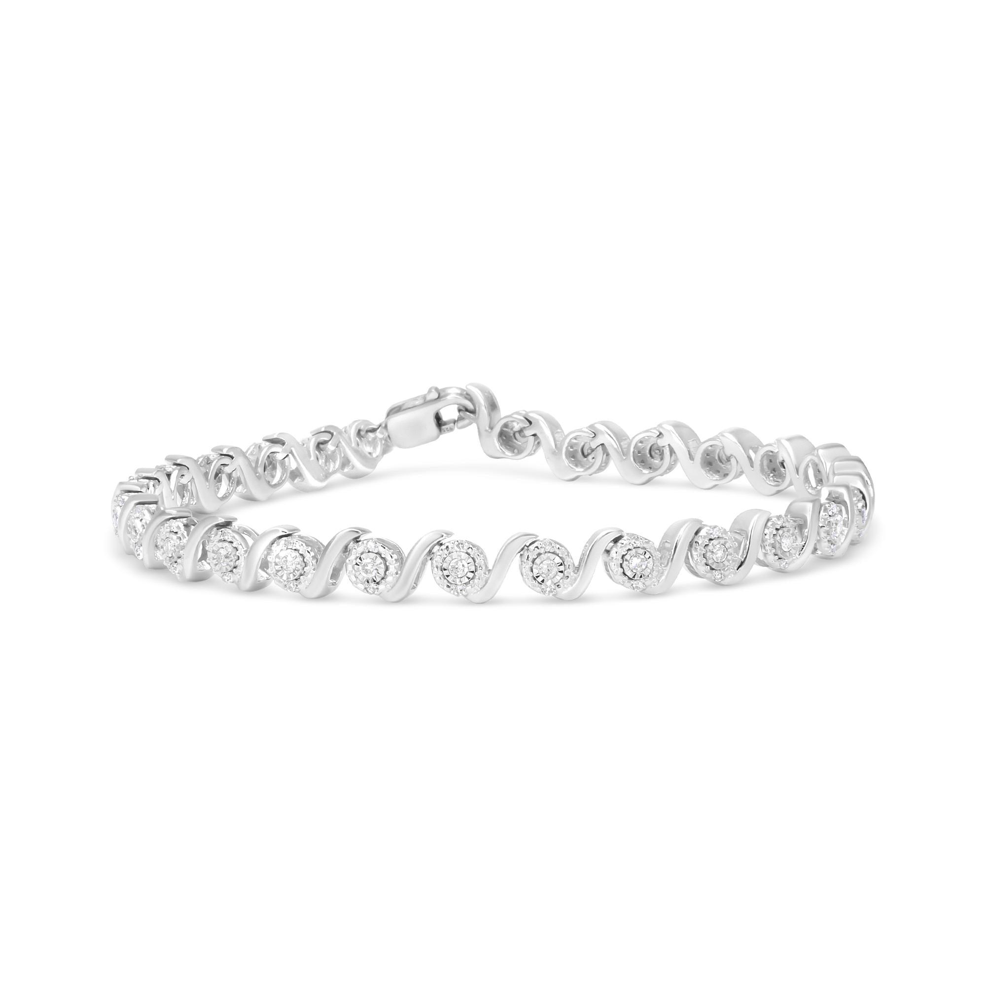 Pulsera de eslabones en forma de S con halo de diamantes redondos de 1/2 quilates en plata de ley 925 (color IJ, claridad I2-I3) - 18,3 cm - Friggin Jewelry