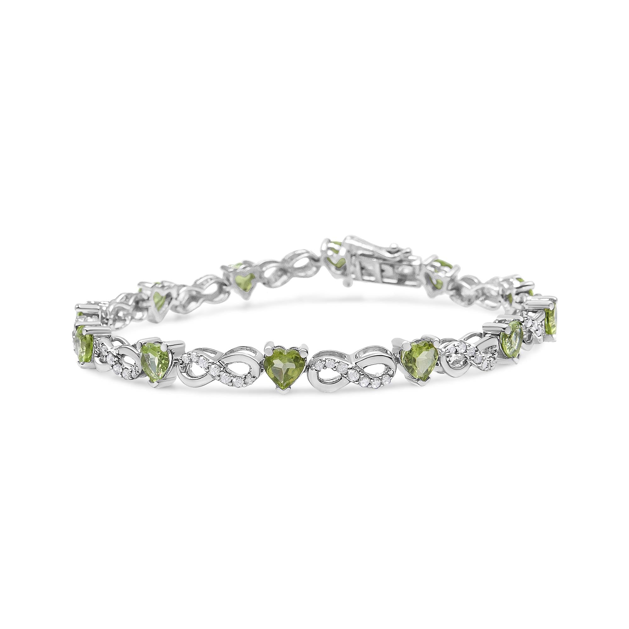 .925 Sterling Silver 1.00 Cttw Diamond and 4.00mm Lab Created Green Heart-Shaped Peridot Infinity Link Bracelet (I-J Color, I2-I3 Clarity) - 7.25" - Friggin Jewelry