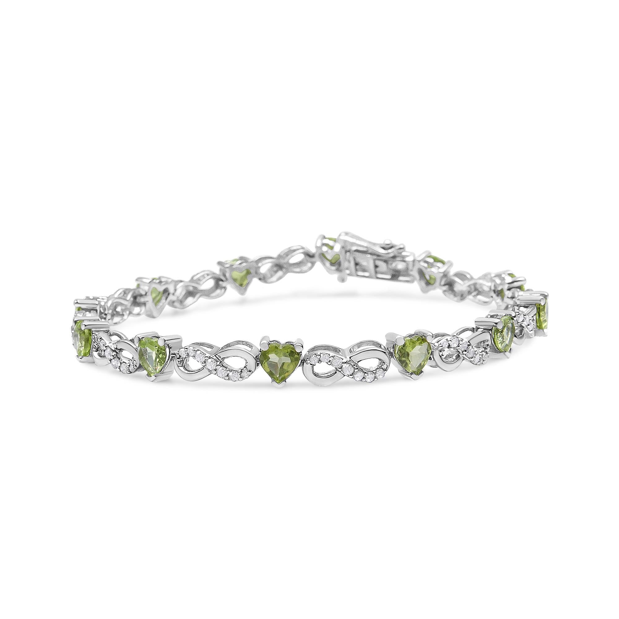 .925 Sterling Silver 1.00 Cttw Diamond and 4.00mm Lab Created Green Heart-Shaped Peridot Infinity Link Bracelet (I-J Color, I2-I3 Clarity) - 7.25" - Friggin Jewelry