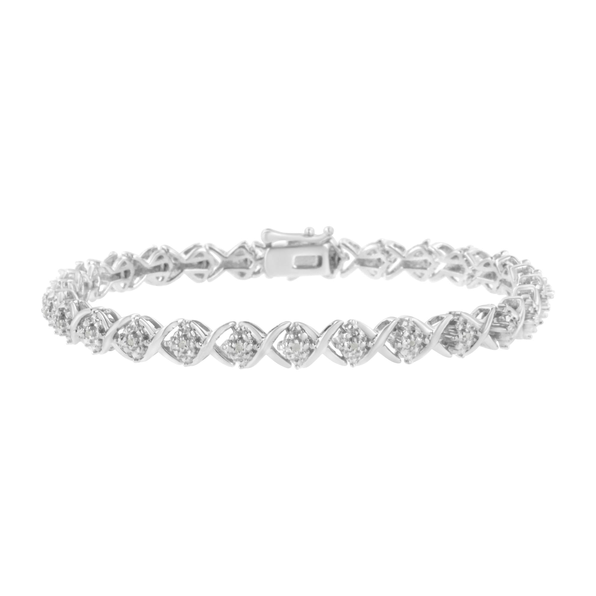 Pulsera de plata de ley 925 con diamantes de talla redonda, racimo floral y eslabones en forma de X (color IJ, claridad I3) - 18,3 cm - Friggin Jewelry