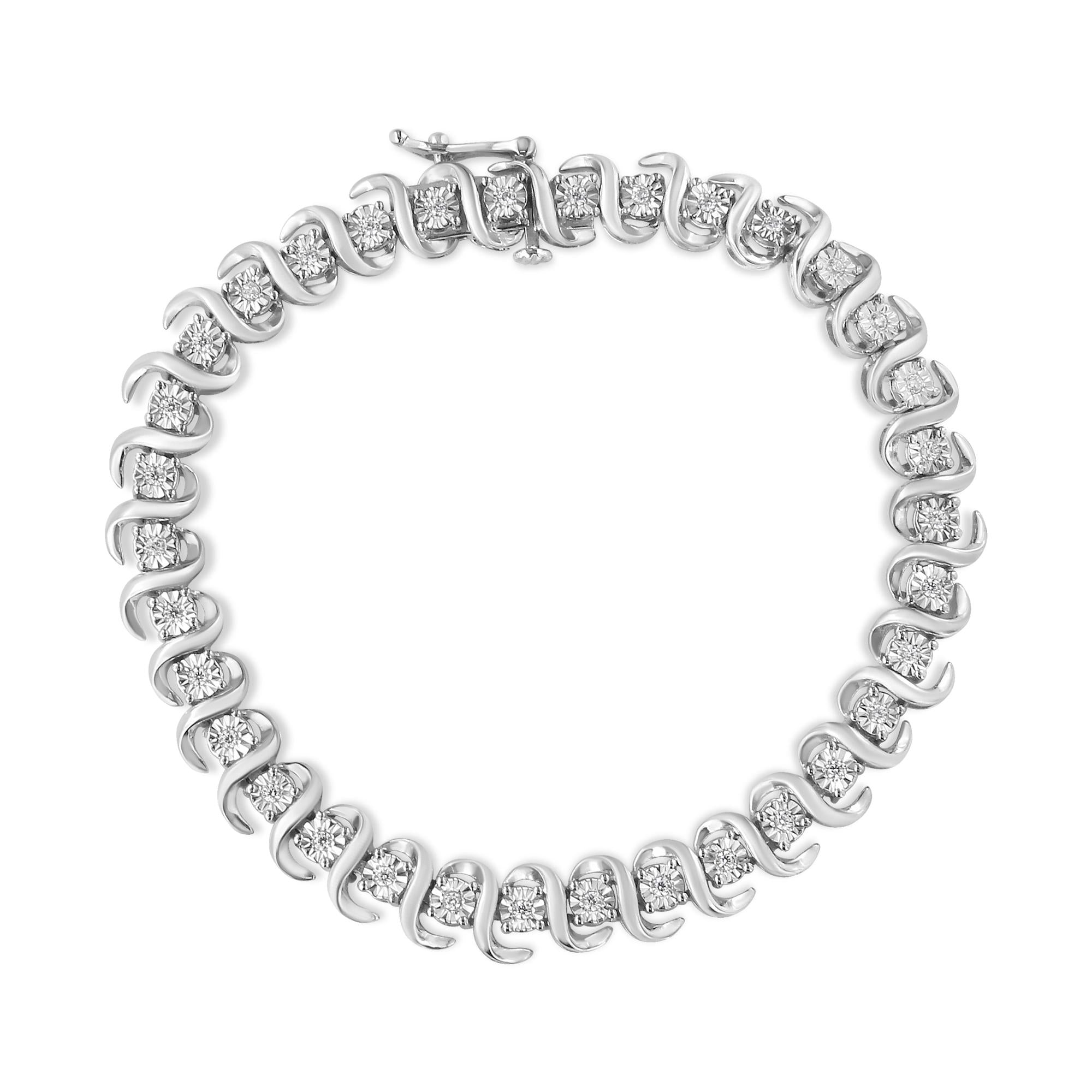 Pulsera de tenis de plata de ley 925 con diamantes de 1/3 ct engastados milagros y eslabones "S" (color IJ, claridad I3) - Talla 7,25" - Friggin Jewelry
