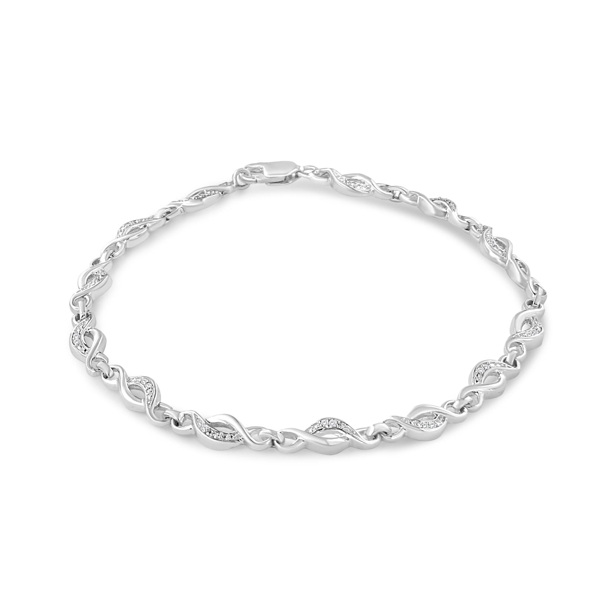 Bracciale a maglie curve a spirale con diamanti incastonati a griffe in argento sterling 925 (colore IJ, purezza I3) - 7,25" - Friggin Jewelry