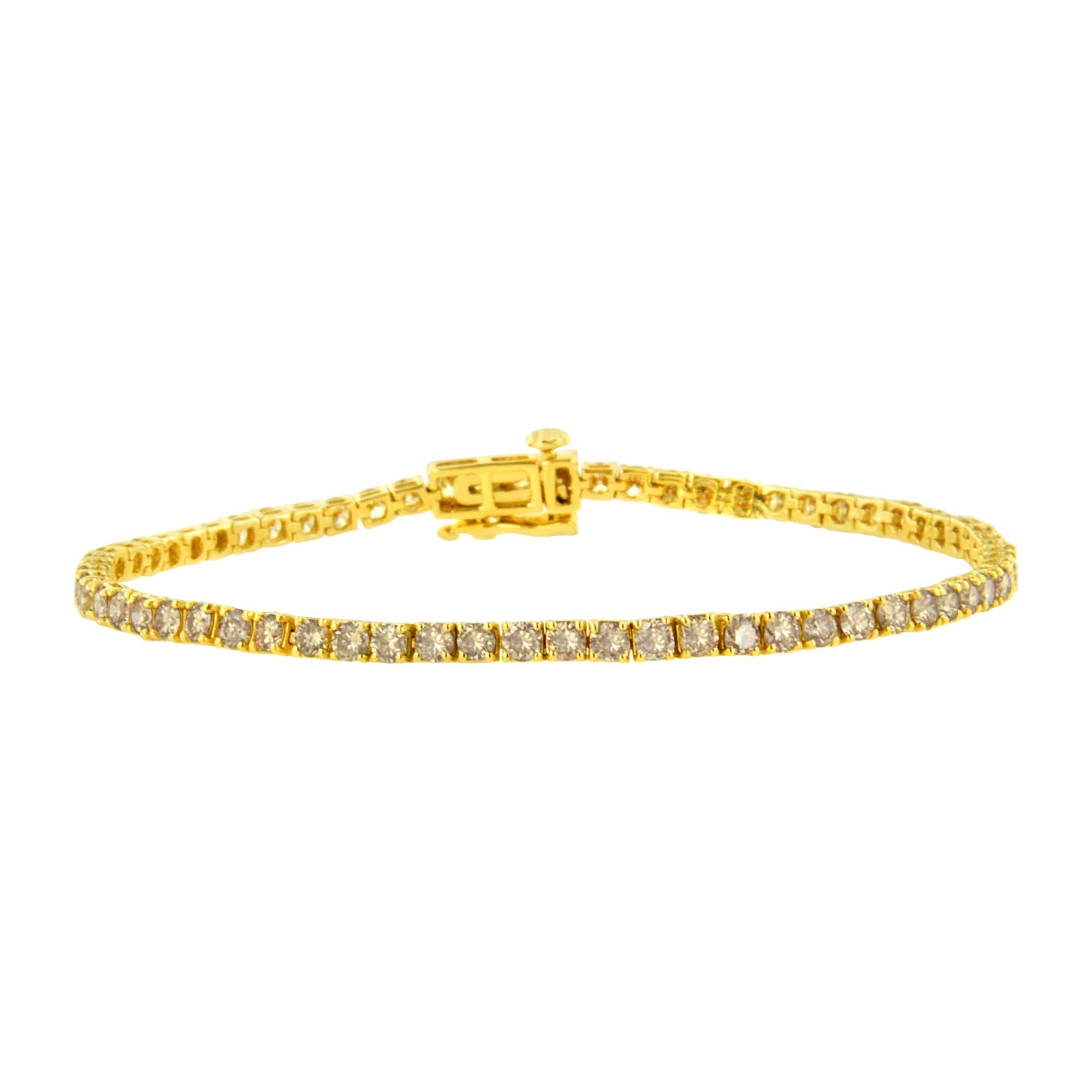 Pulsera clásica de tenis de plata de ley 925 bañada en oro amarillo de 14 quilates con diamantes de talla redonda engastados en 4 puntas (color KL, claridad I2-I3) - Talla 7,25" - Friggin Jewelry