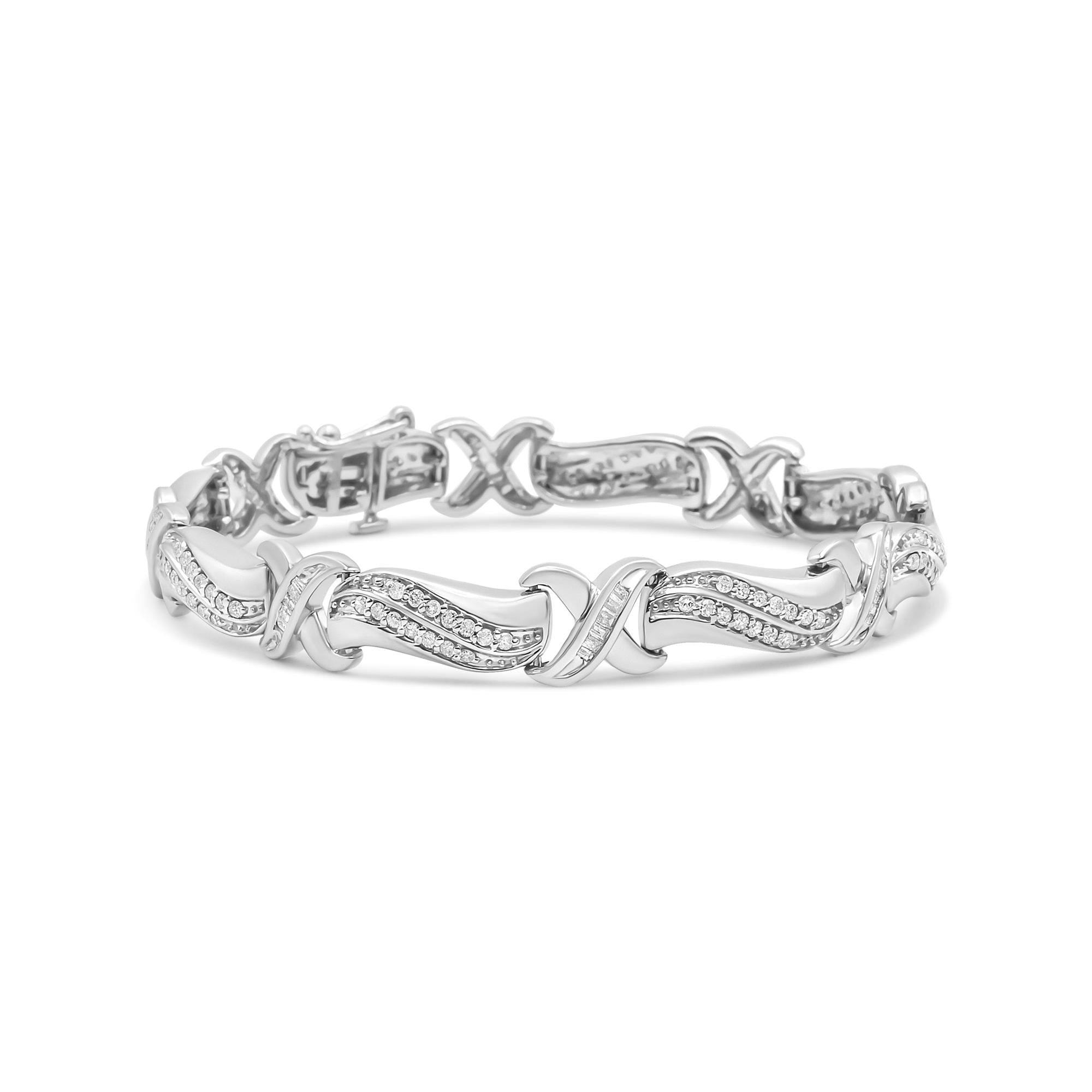 .925 Sterling Silver 1 3/4 Cttw Diamond Wave and X Link Tennis Bracelet (I-J Color, I3 Clarity) - 7" - Friggin Jewelry