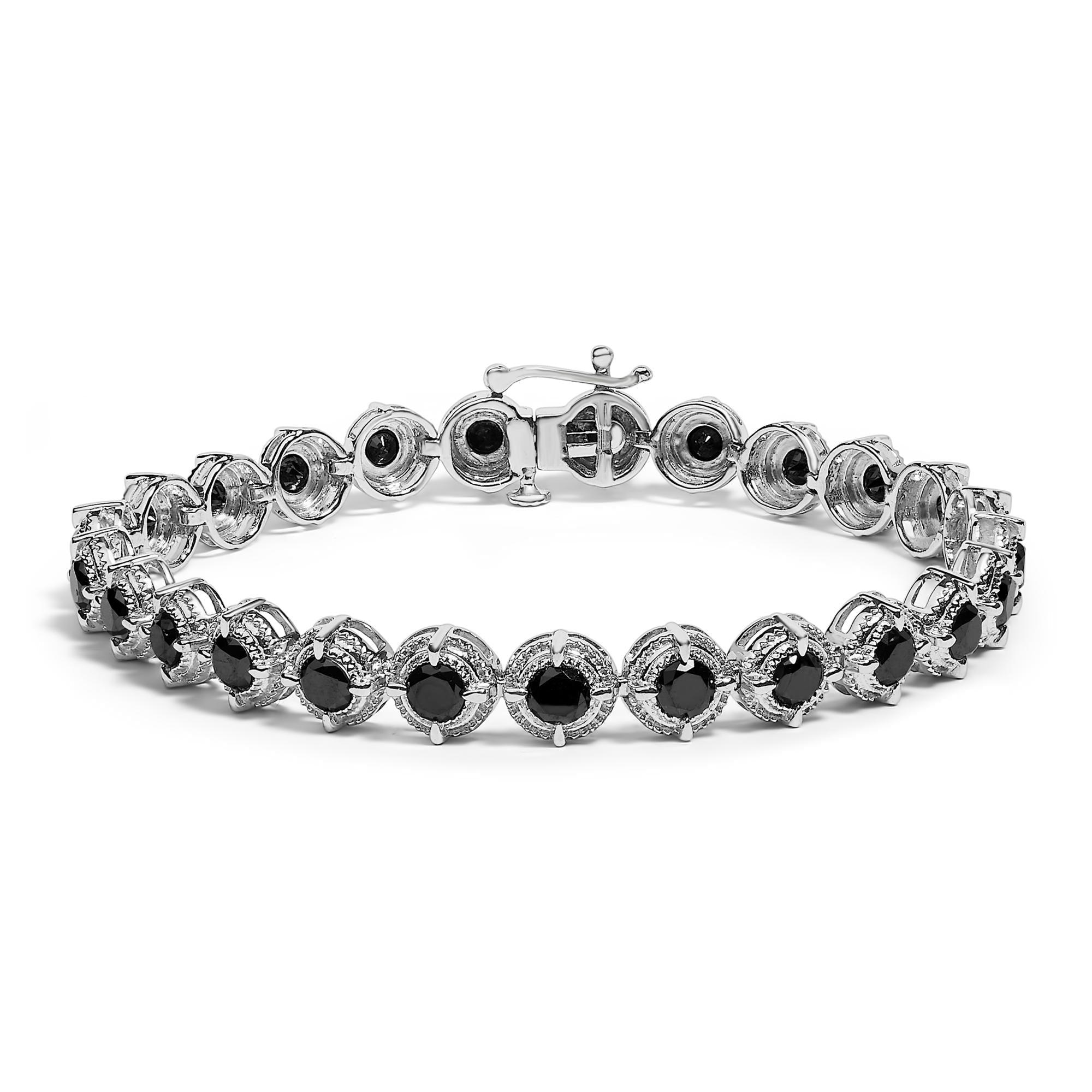 Pulsera de tenis de plata de ley 925 con eslabones milgrain de diamantes negros de 5,0 quilates - 18 cm - Friggin Jewelry