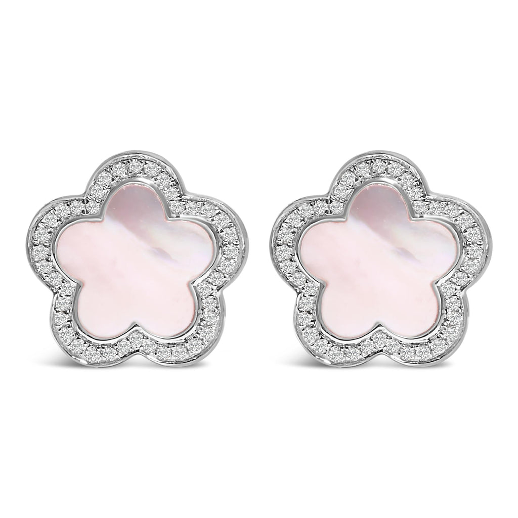 14K White Gold Mother of Pearl and 1/5 Cttw Diamond Halo Star Stud Earrings - Friggin Jewelry Premium