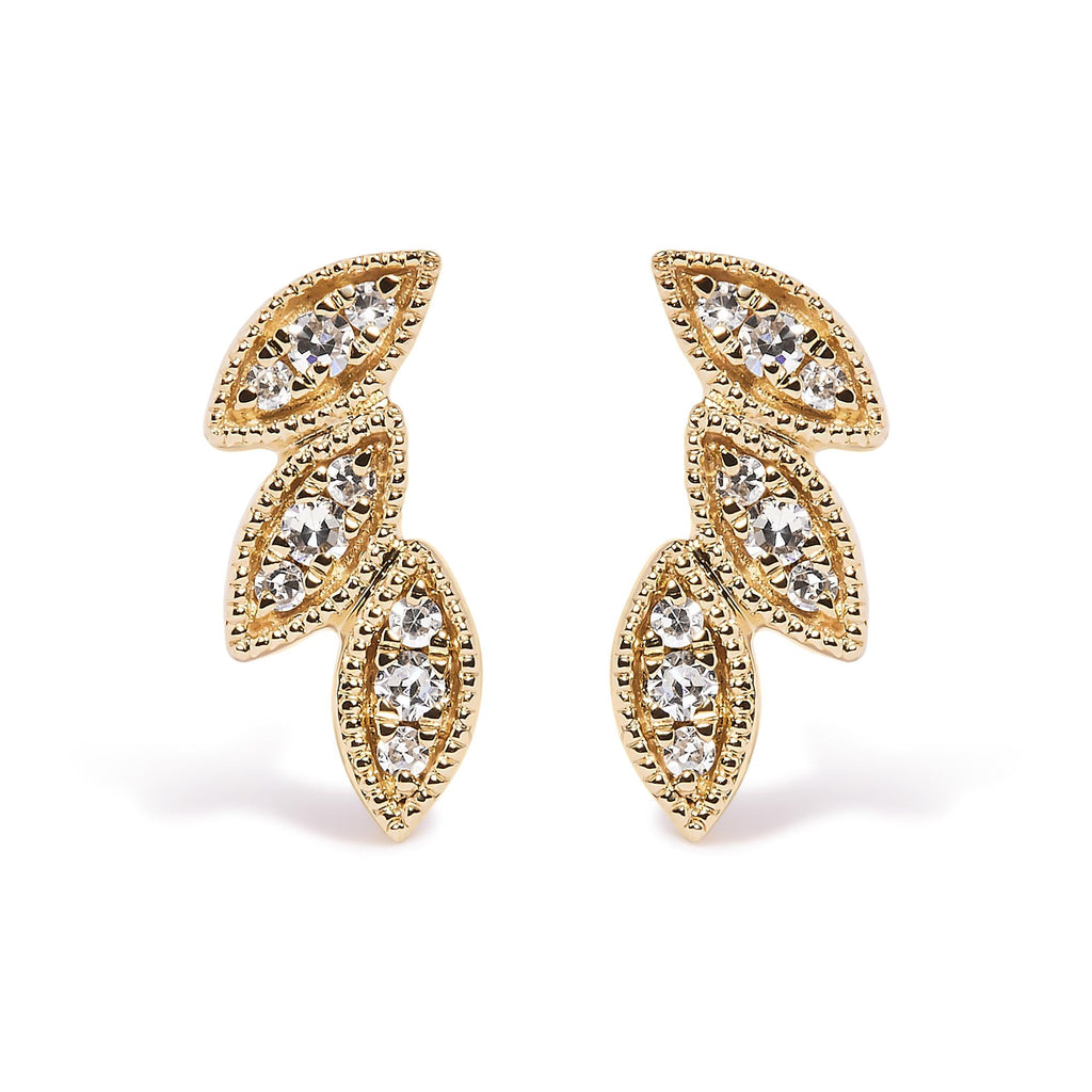 Aretes de oro amarillo de 10 quilates con triple hoja de diamantes de 1/10 quilates (color HI, claridad I1-I2) - Friggin Jewelry