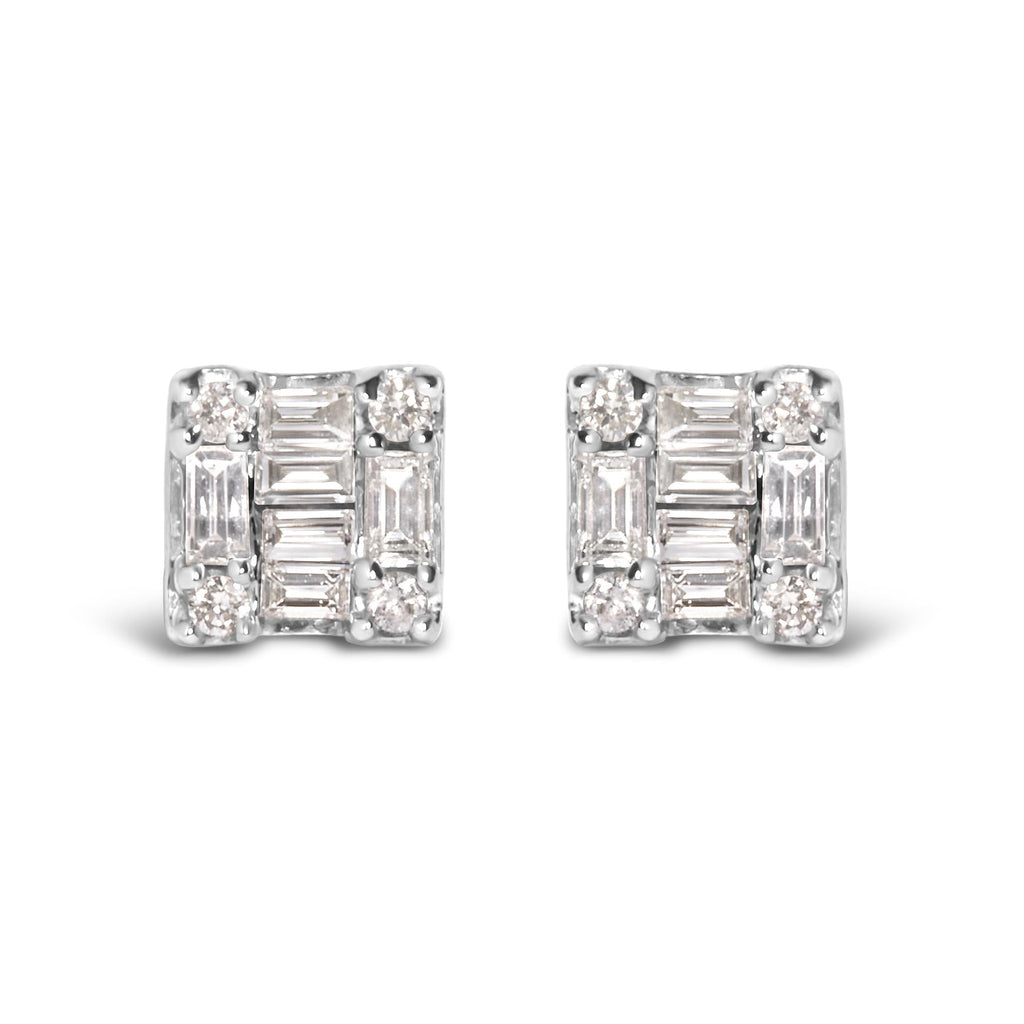 10K White Gold 1/7 Cttw Round and Baguette Diamond Mosaic Square Stud Earrings (H-I Color, I1-I2 Clarity) - Friggin Jewelry