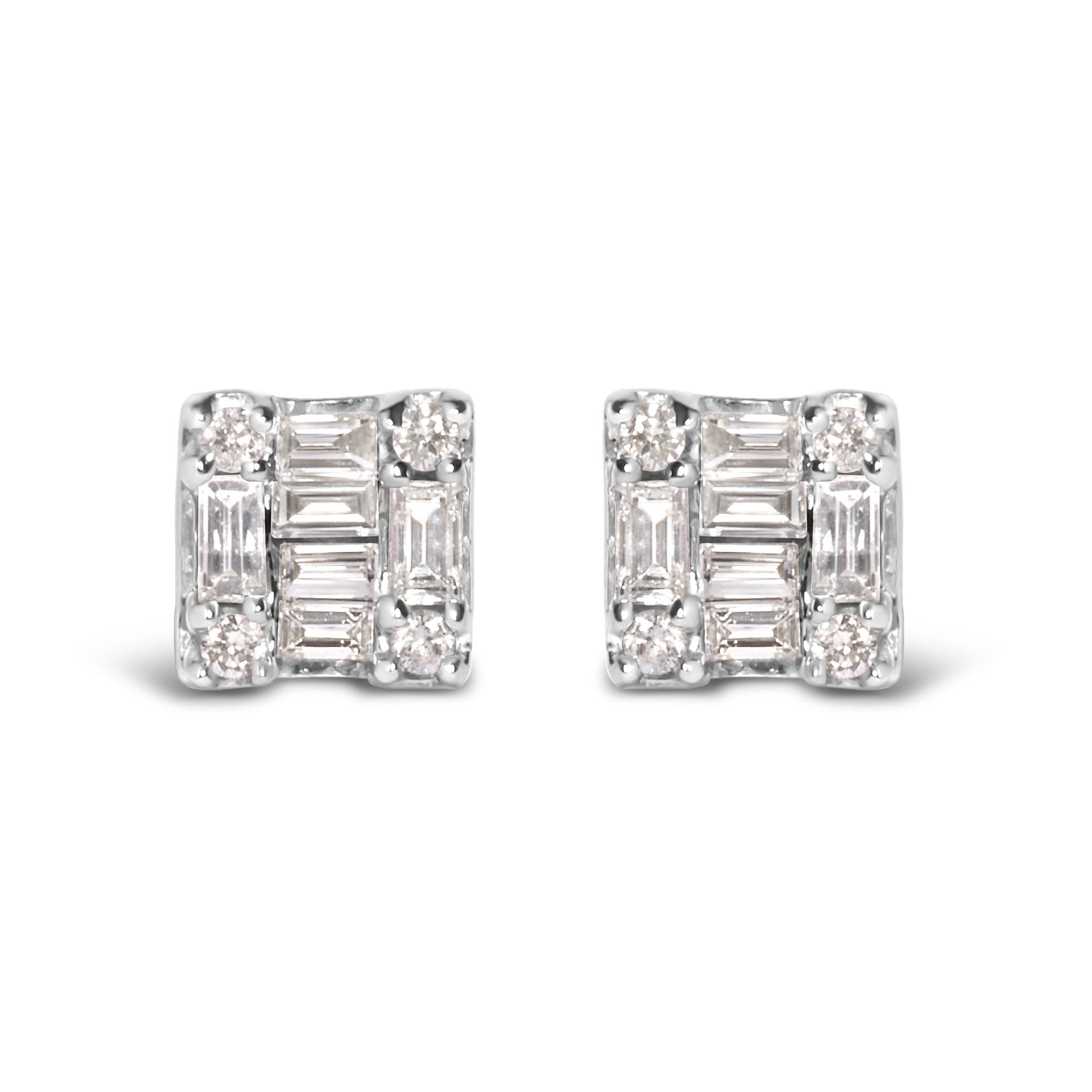 10K White Gold 1/7 Cttw Round and Baguette Diamond Mosaic Square Stud Earrings (H-I Color, I1-I2 Clarity) - Friggin Jewelry