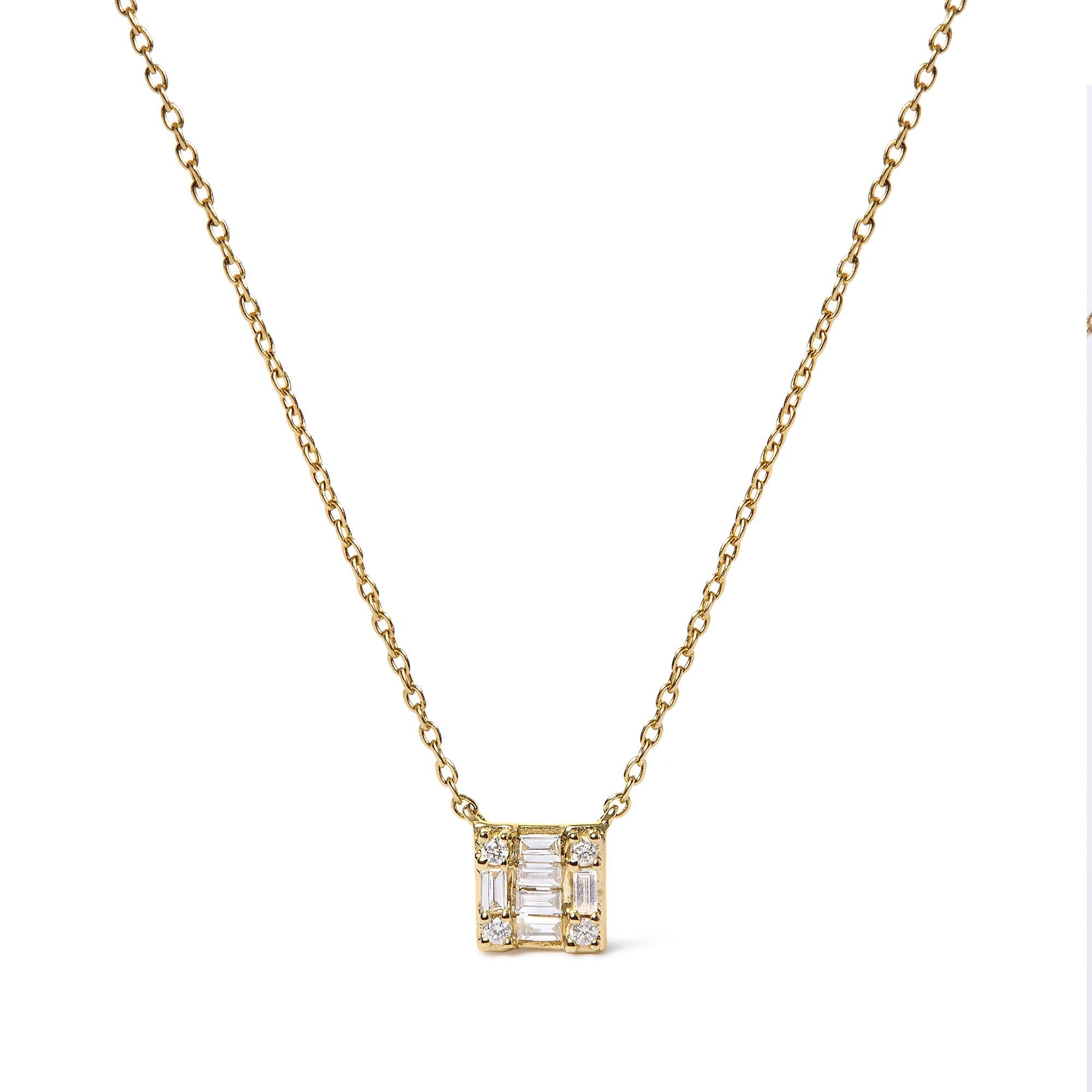 10K Yellow Gold 1/10 Cttw Round and Baguette Diamond Mosaic Composite Square 18" Inch Pendant Necklace (H-I Color, I1-I2 Clarity) - Friggin Jewelry
